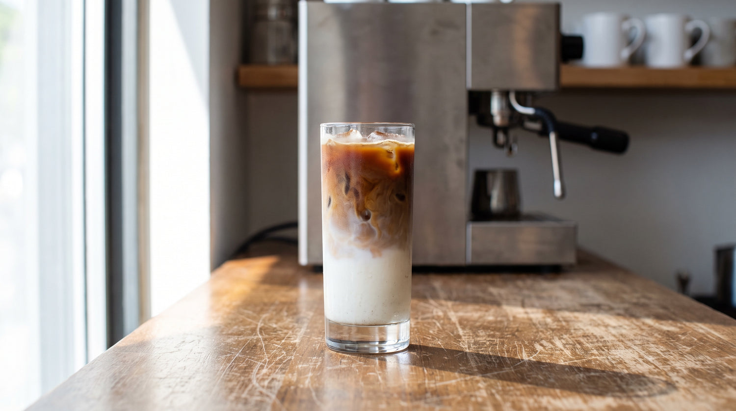 Iced hojicha latte with roasted chestnut brown tea marbling into milk over ice on a cafe counter with an espresso machine behind