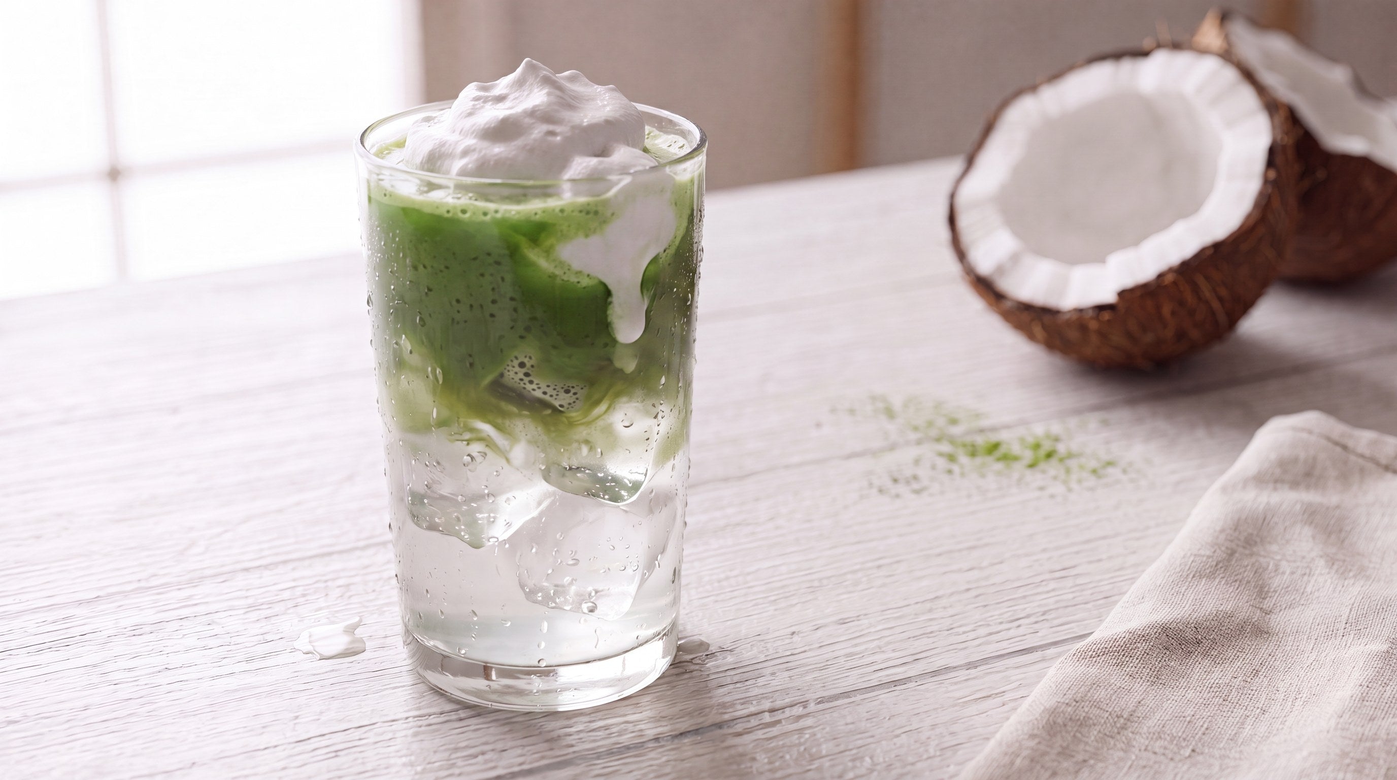 Coconut matcha cloud in a tall clear glass with vivid natural green matcha from Japan layered over ice and chilled coconut water, topped with a whipped coconut cream cloud, beside a fresh cracked coconut on a light wood table