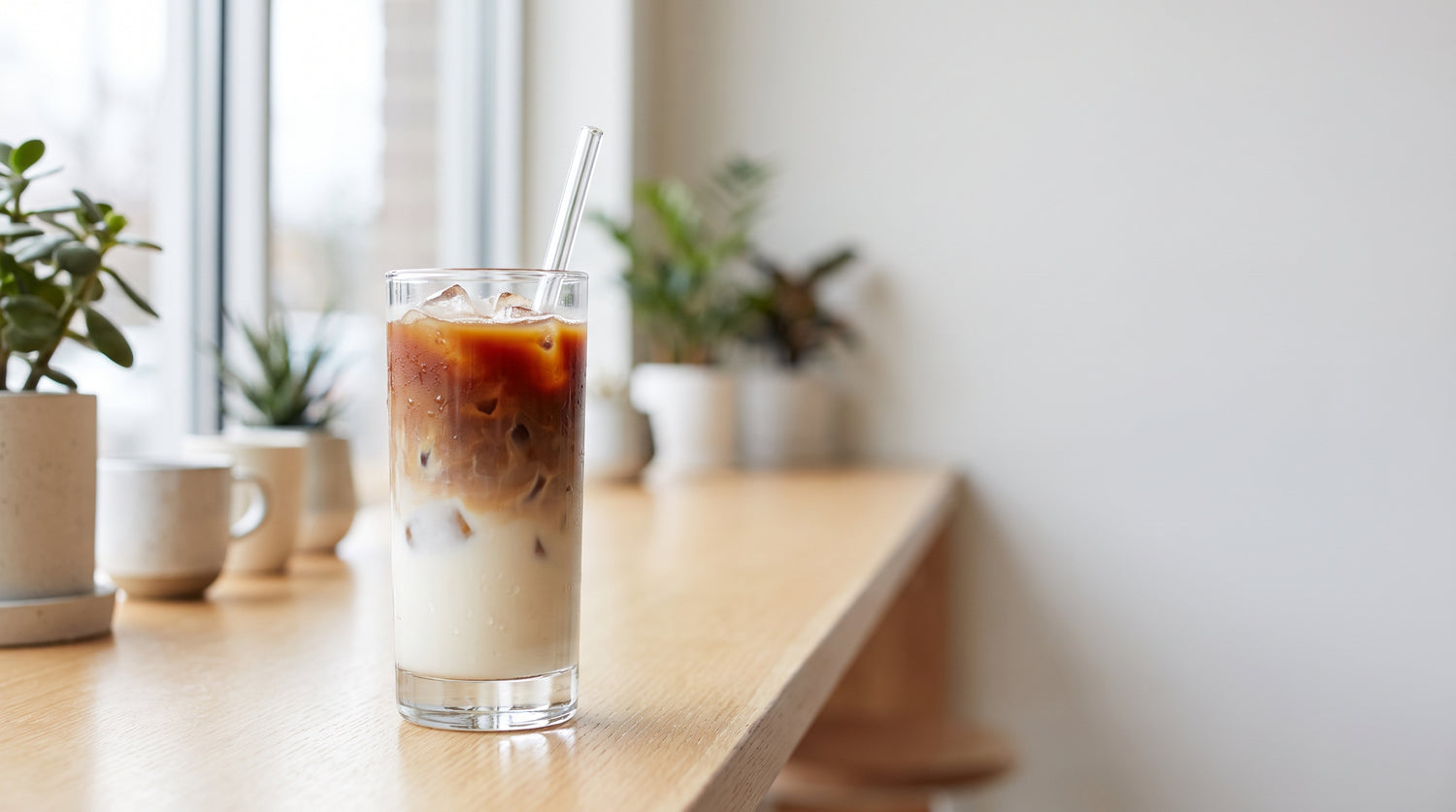 A creamy iced hojicha latte with roasted hojicha and milk over ice in a tall glass on a cafe counter