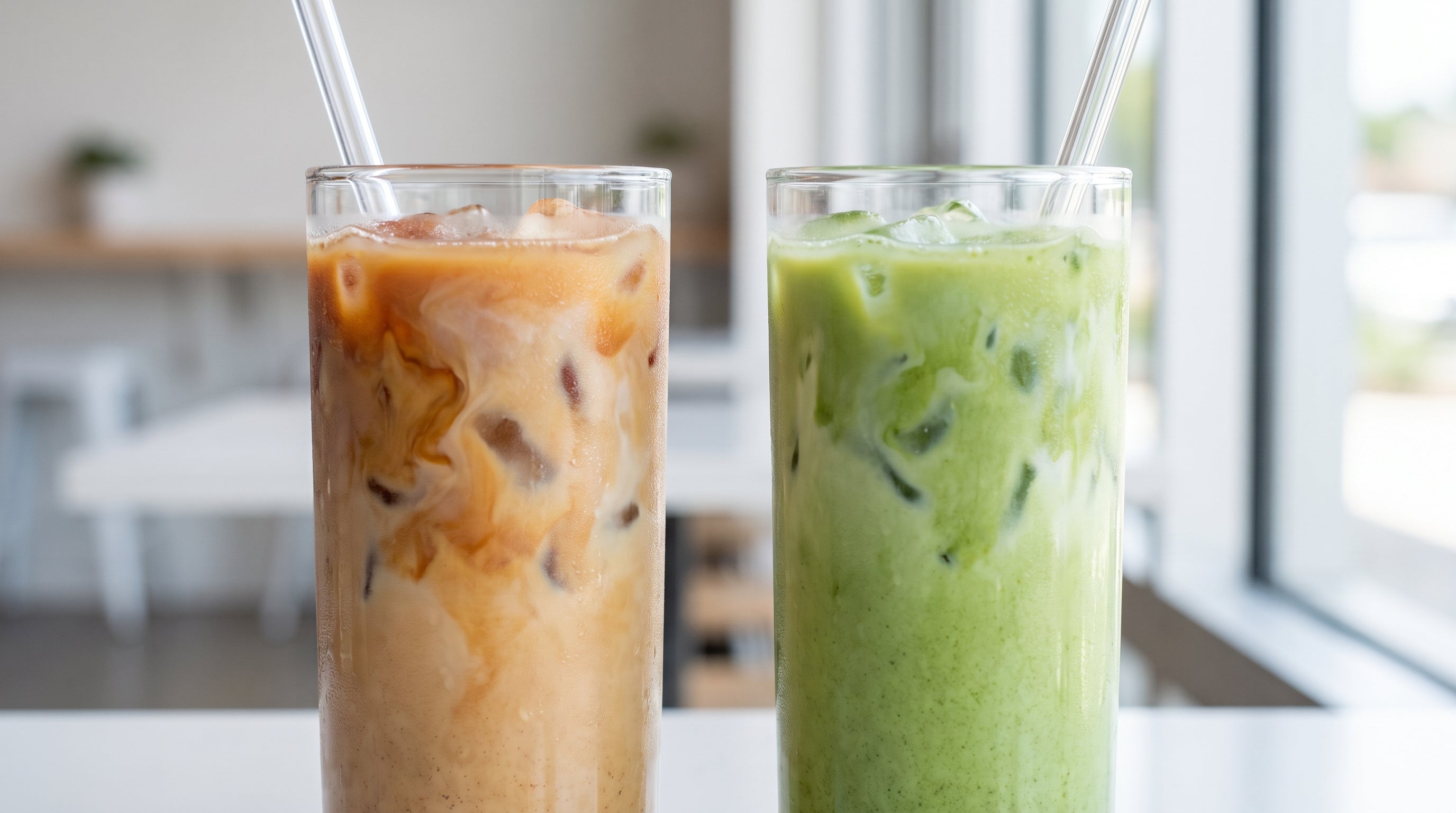 An iced hojicha latte beside an iced matcha latte, roasted brown hojicha and vivid green matcha side by side