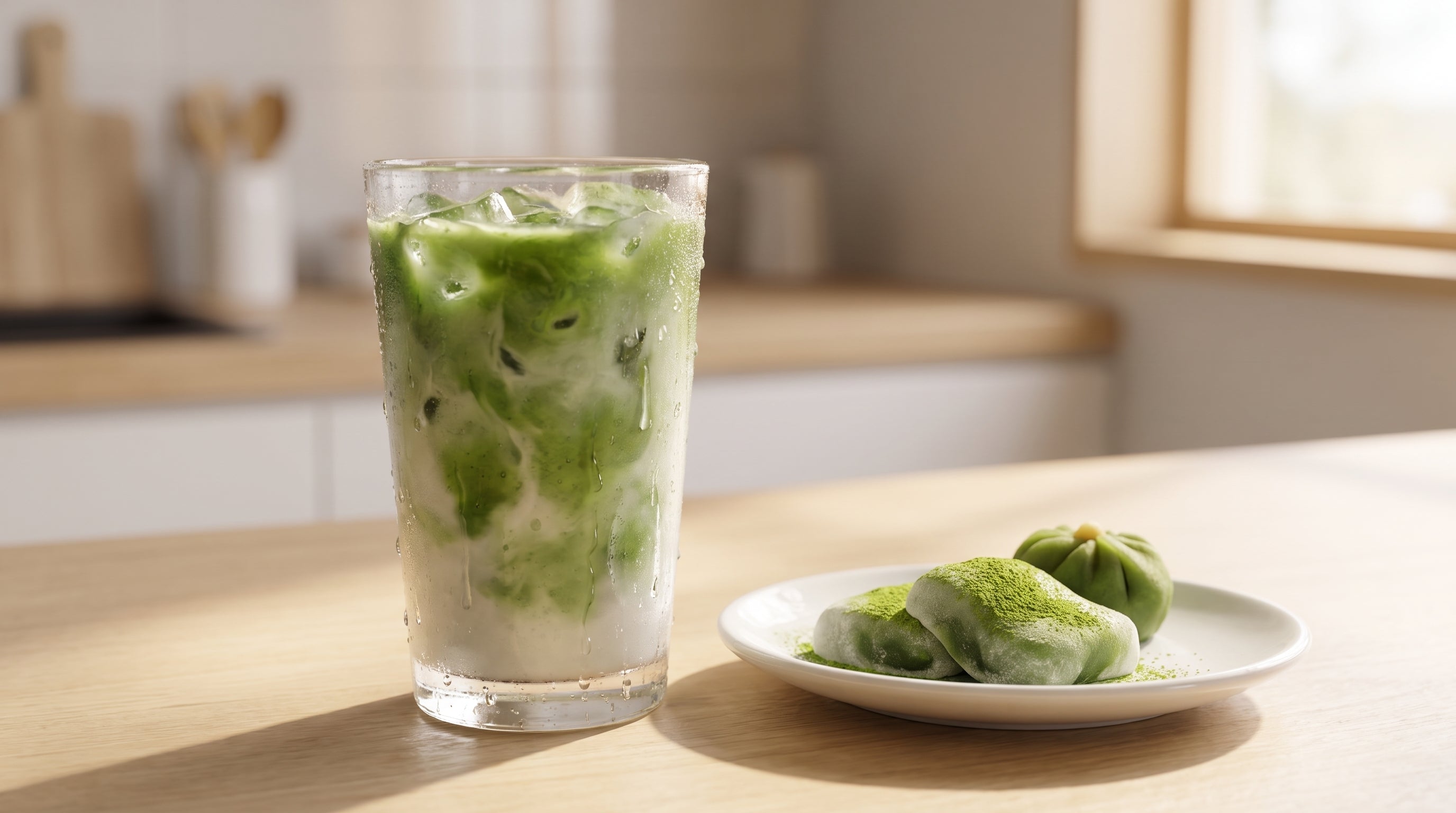Iced matcha latte in a tall clear glass with vivid jade green matcha and milk over ice next to matcha flavored Japanese sweets on a light wood surface showing how Japanese people drink matcha every day