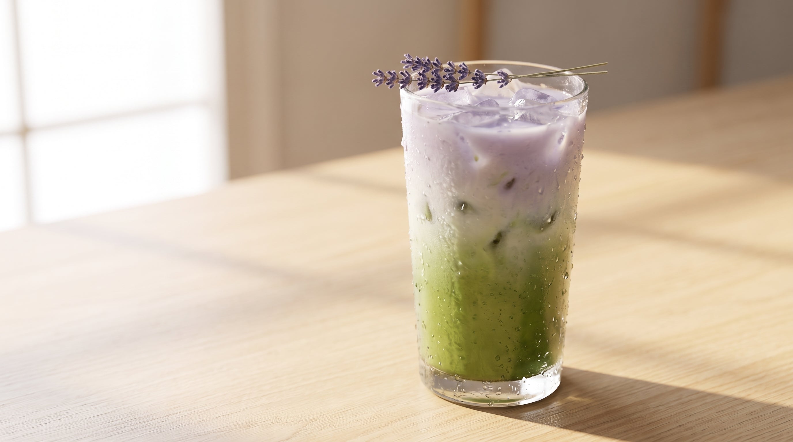 A tall clear glass iced matcha latte, illustrating how to make an iced lavender matcha latte at home