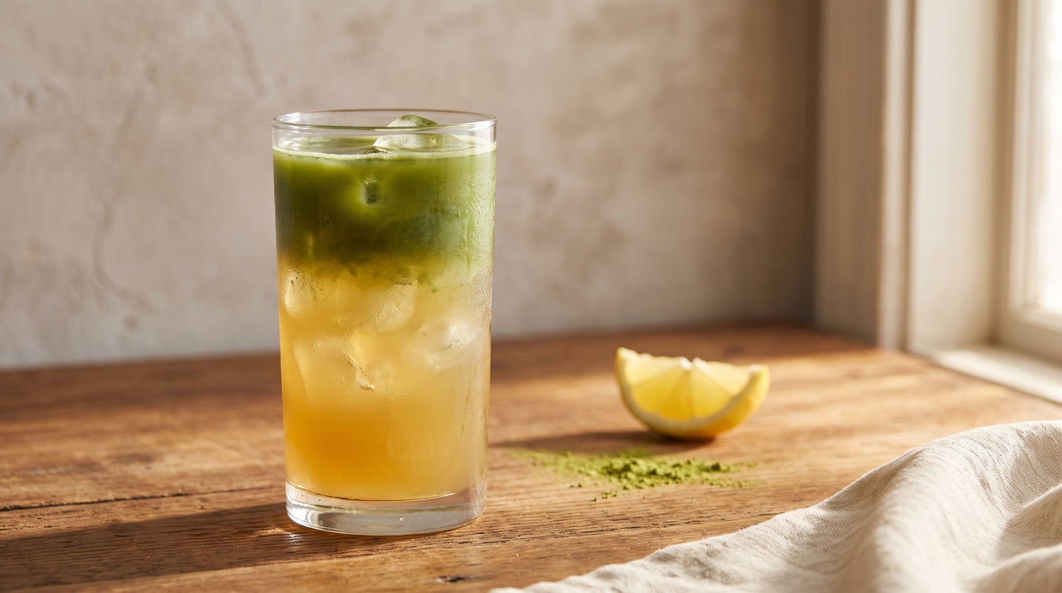 Layered iced matcha lemonade in a tall glass, translucent jade green whisked matcha floating over golden lemonade with ice and a lemon wedge