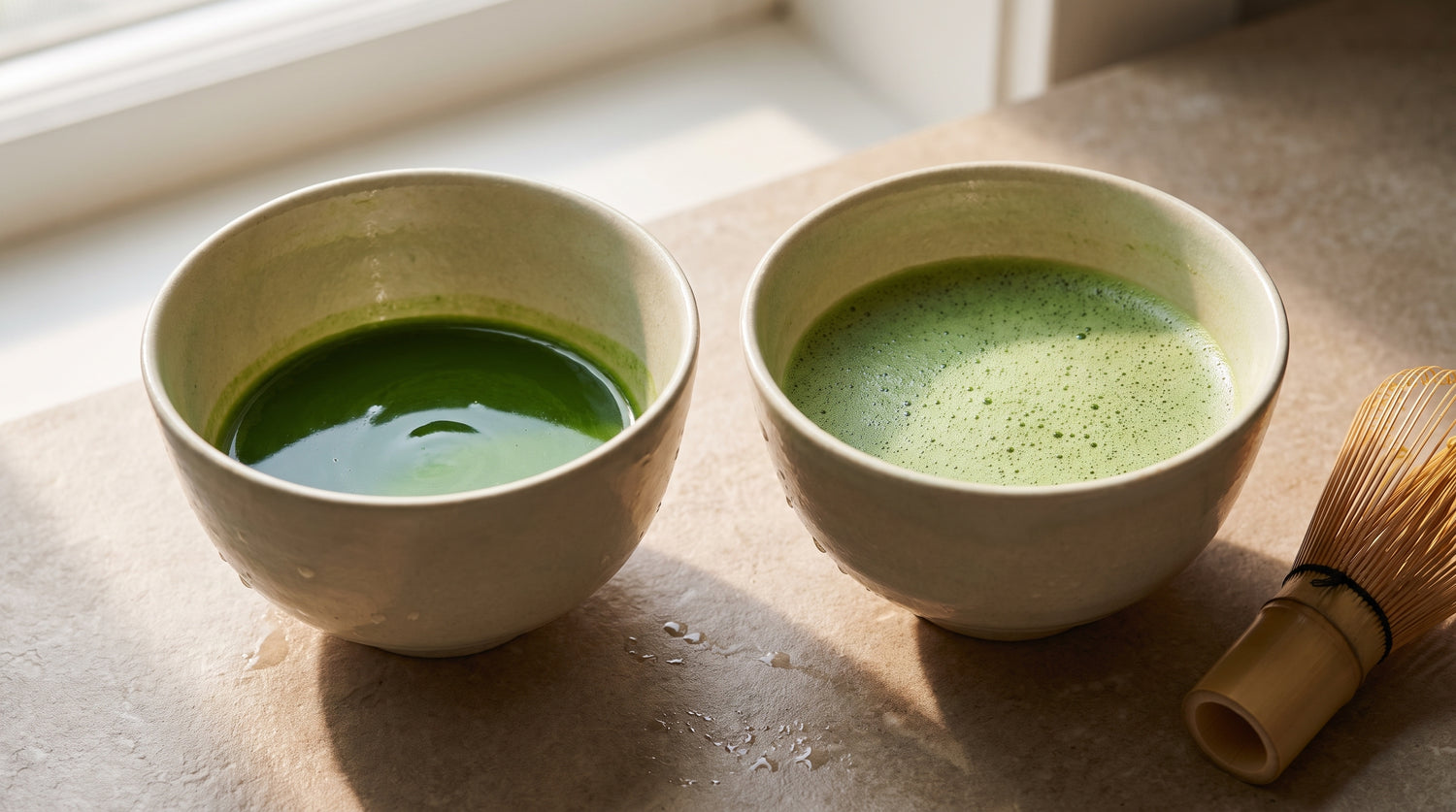 Side by side comparison of thick glossy koicha and frothy whisked usucha matcha in two ceramic bowls showing the koicha vs usucha difference