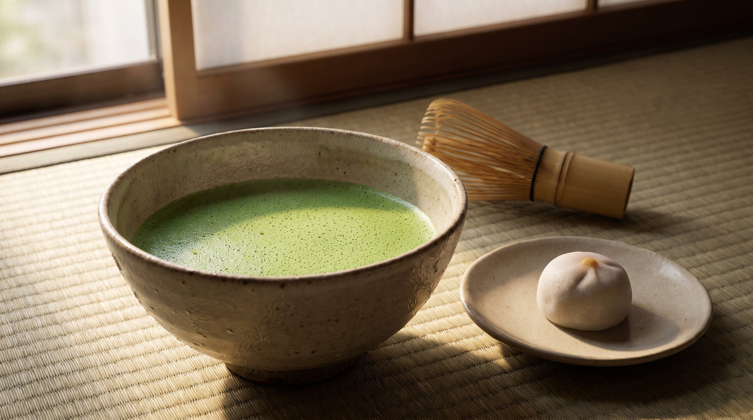 Bowl of vivid green whisked matcha with bamboo whisk and traditional sweet served at a Japanese tea ceremony