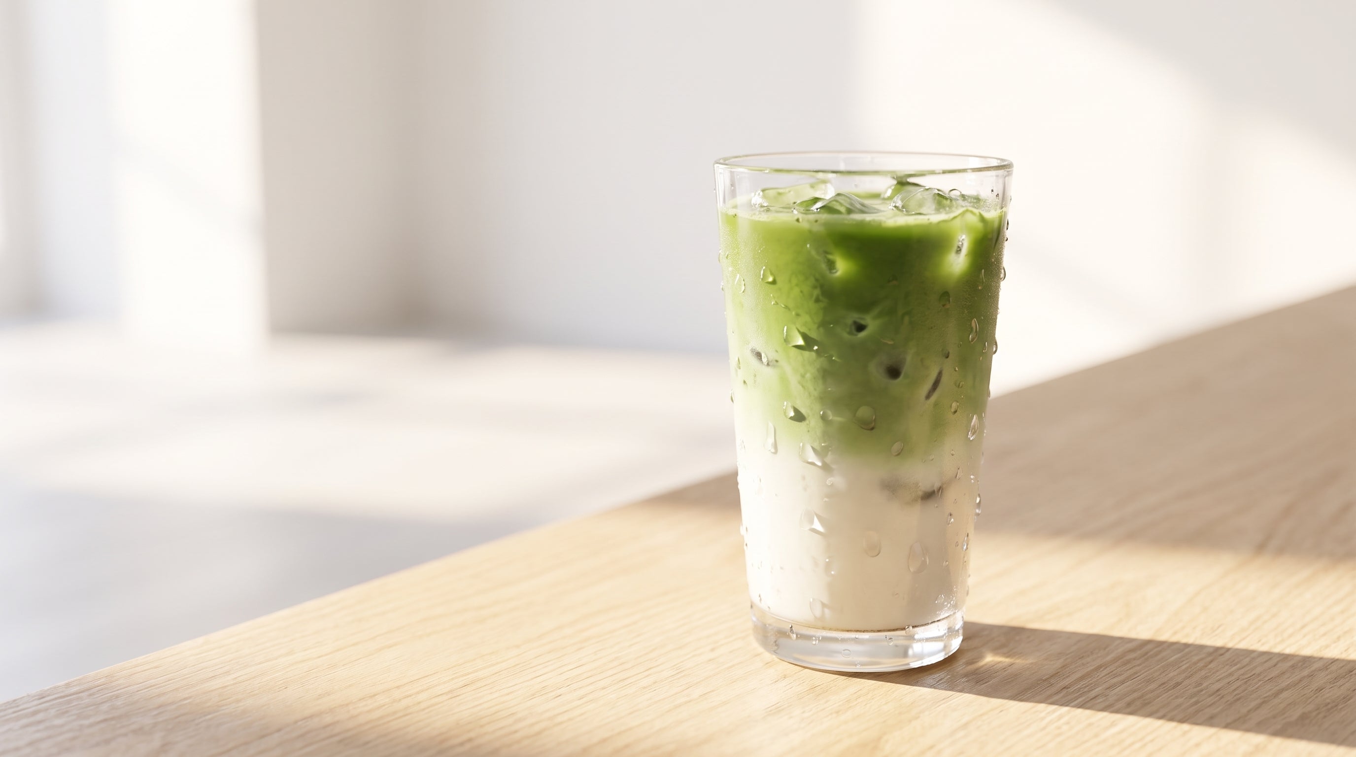 Iced matcha latte in a tall clear glass with vivid jade green matcha layered over milk and ice showing why matcha is so popular as the defining drink trend of the decade