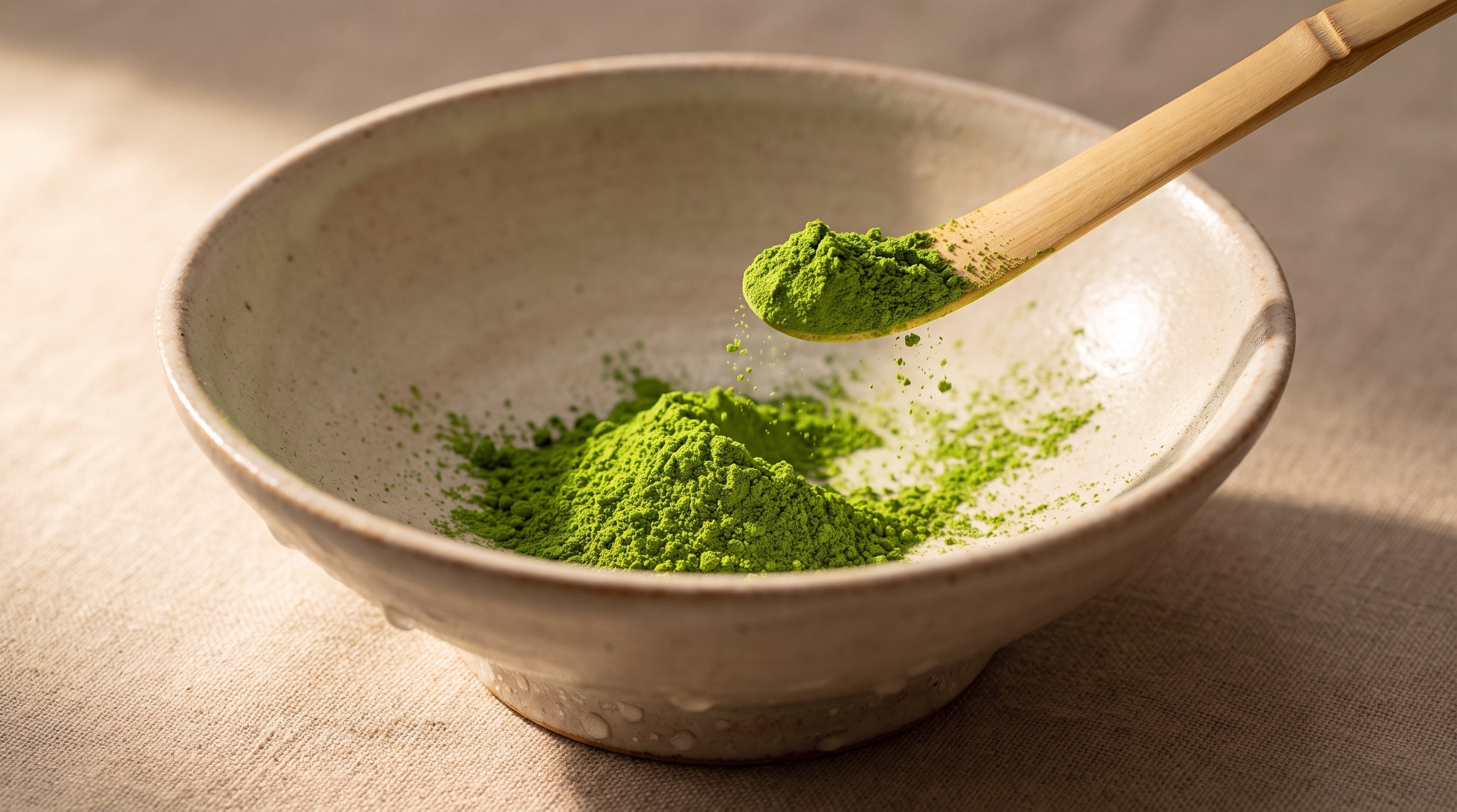 Last small mound of vivid jade green matcha powder in a nearly empty ceramic bowl with a bamboo scoop showing the 2026 matcha shortage