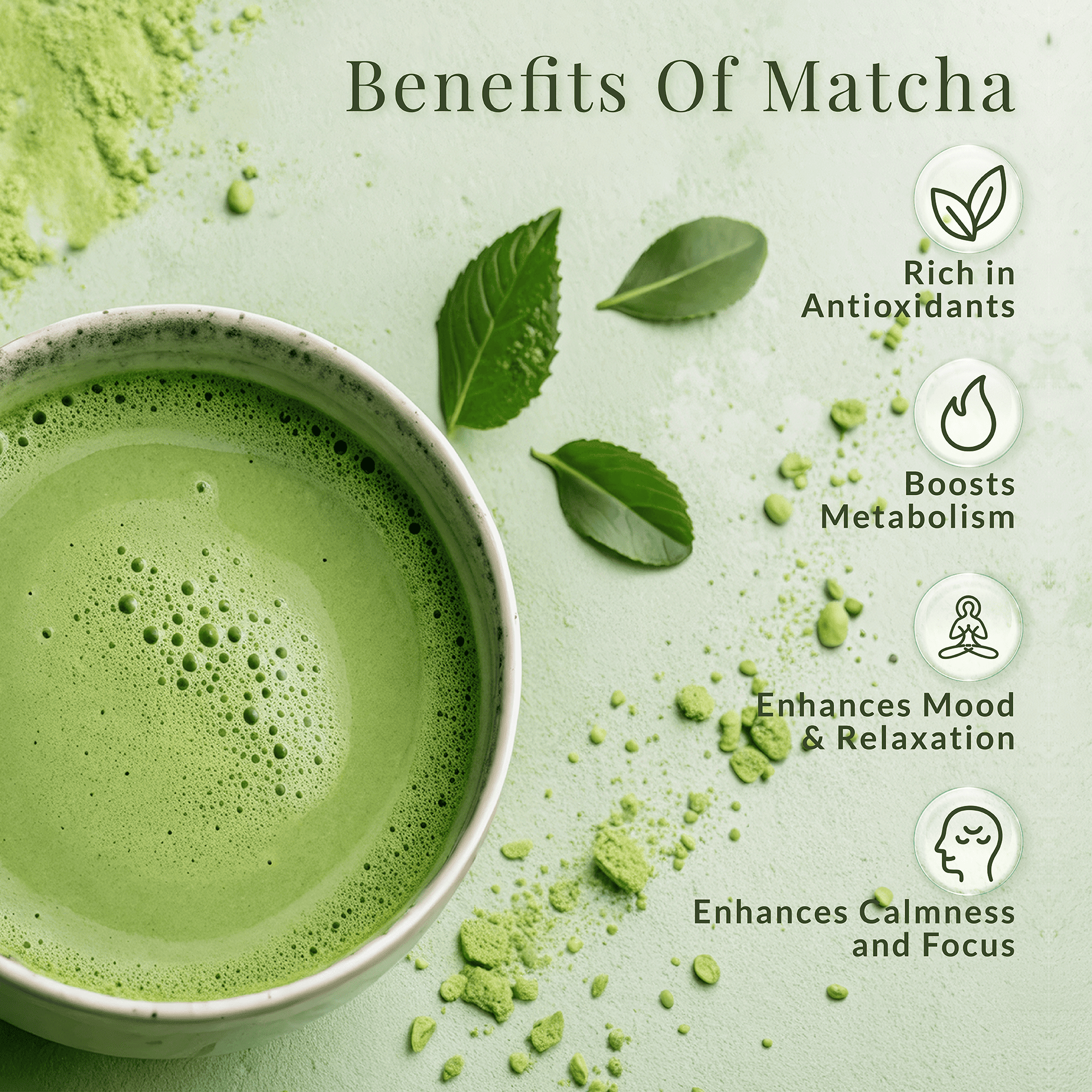 Benefits of matcha infographic, rich in antioxidants, boosts metabolism, and supports calm focus