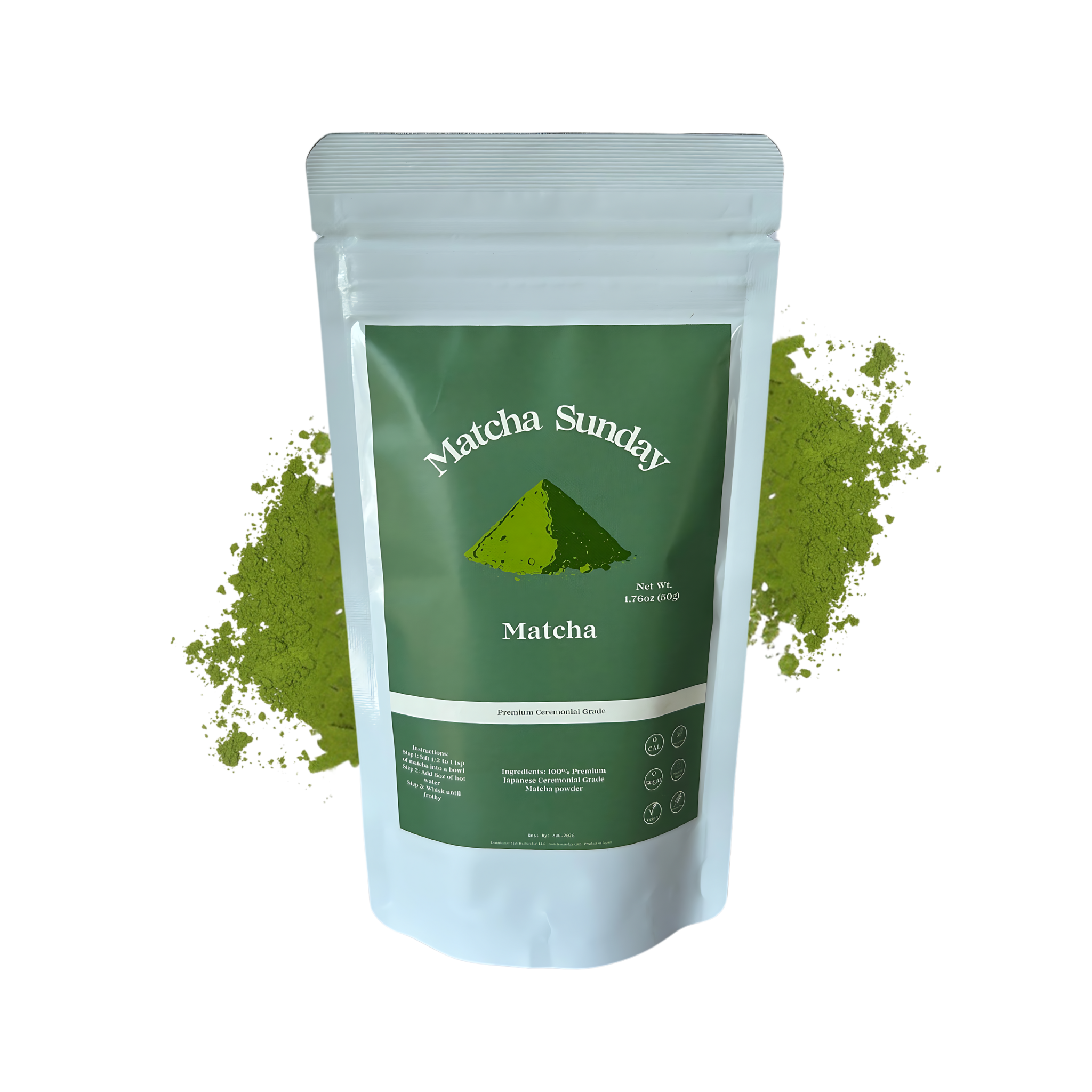 Matcha Sunday ceremonial grade matcha 50g pouch with a green powder splash