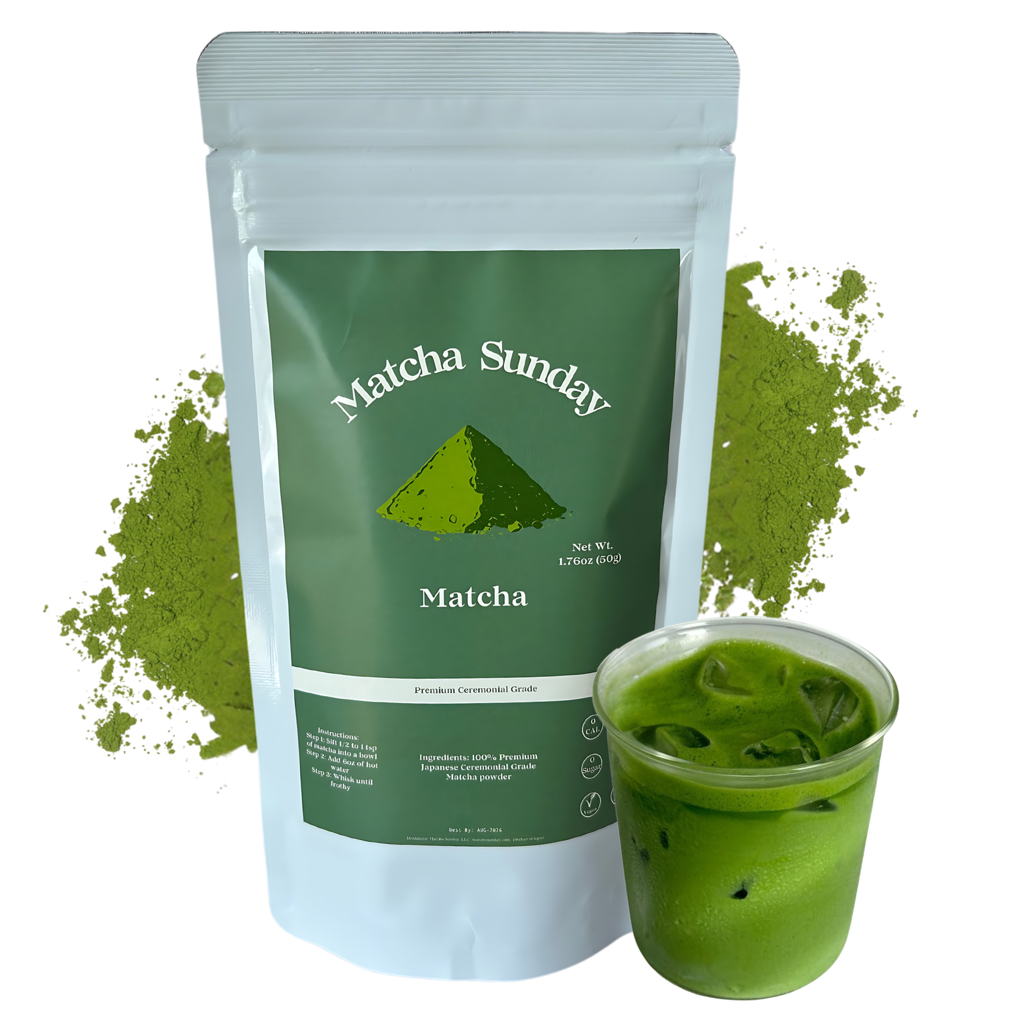 Matcha Sunday ceremonial grade matcha 50g pouch with a glass of iced matcha latte and a green powder splash
