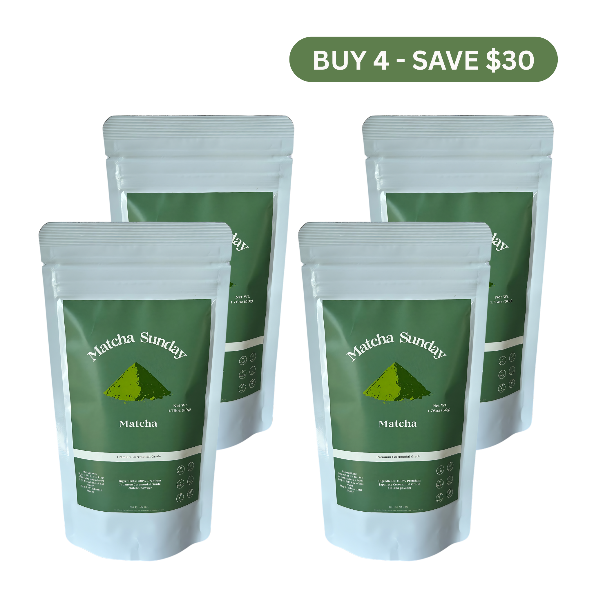 Four Matcha Sunday ceremonial matcha 50g pouches, the four pack