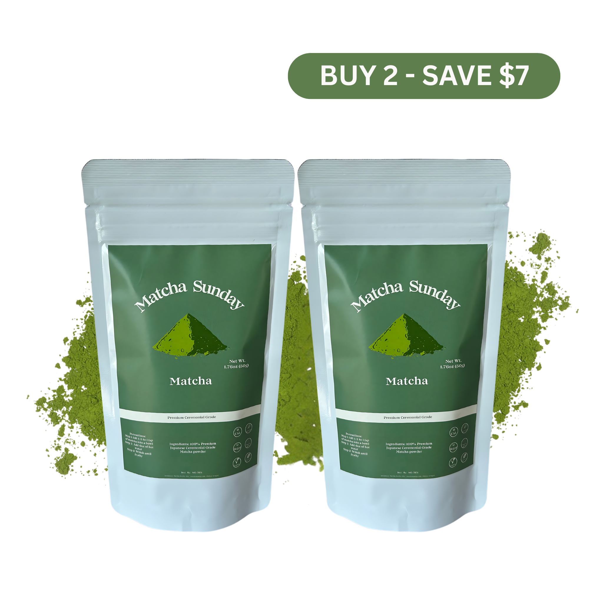 Two Matcha Sunday ceremonial matcha 50g pouches, the two pack