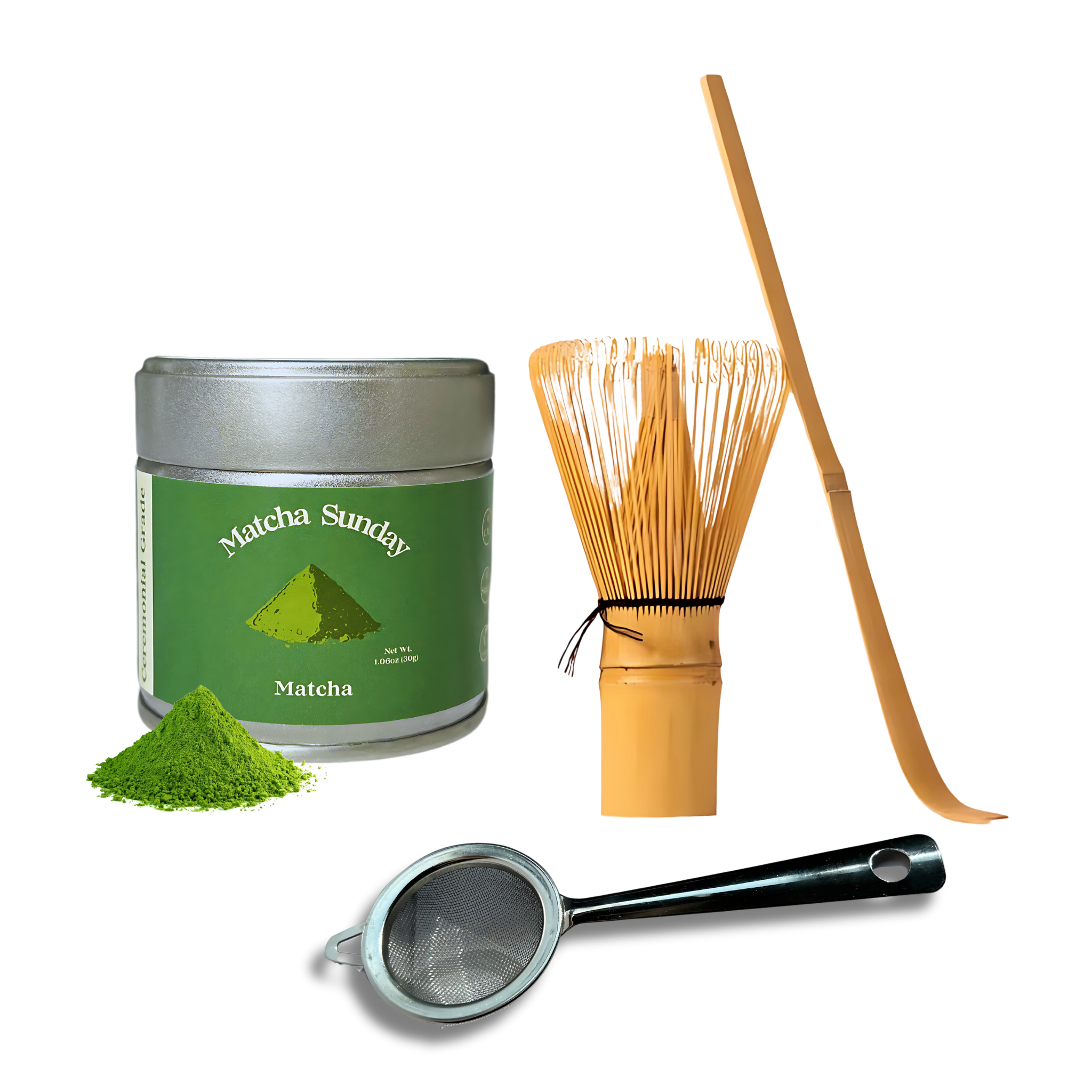 Matcha Sunday ceremonial matcha set with a tin, bamboo whisk, bamboo scoop, sifter, and matcha powder