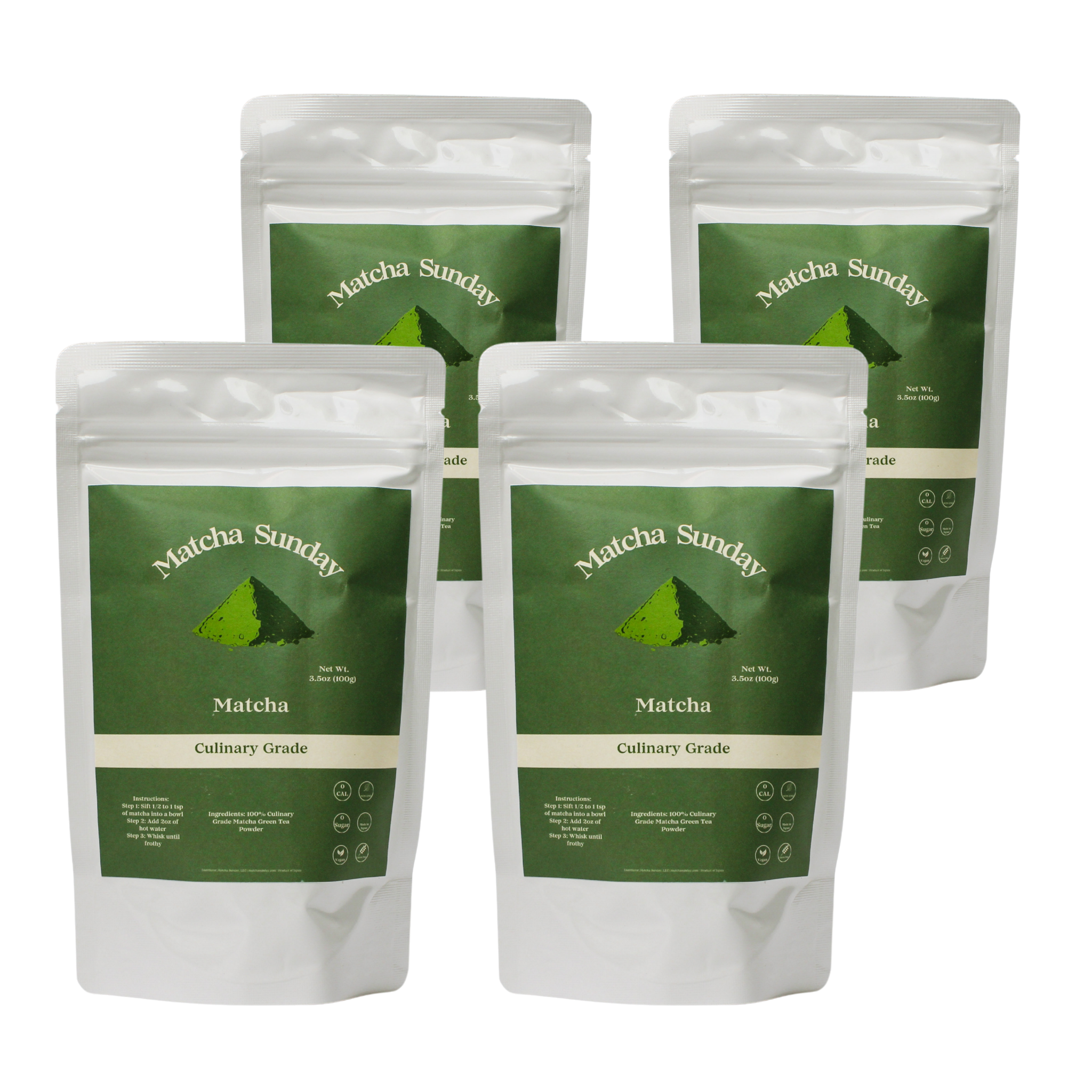 Four Matcha Sunday culinary grade matcha 100g pouches, the four pack