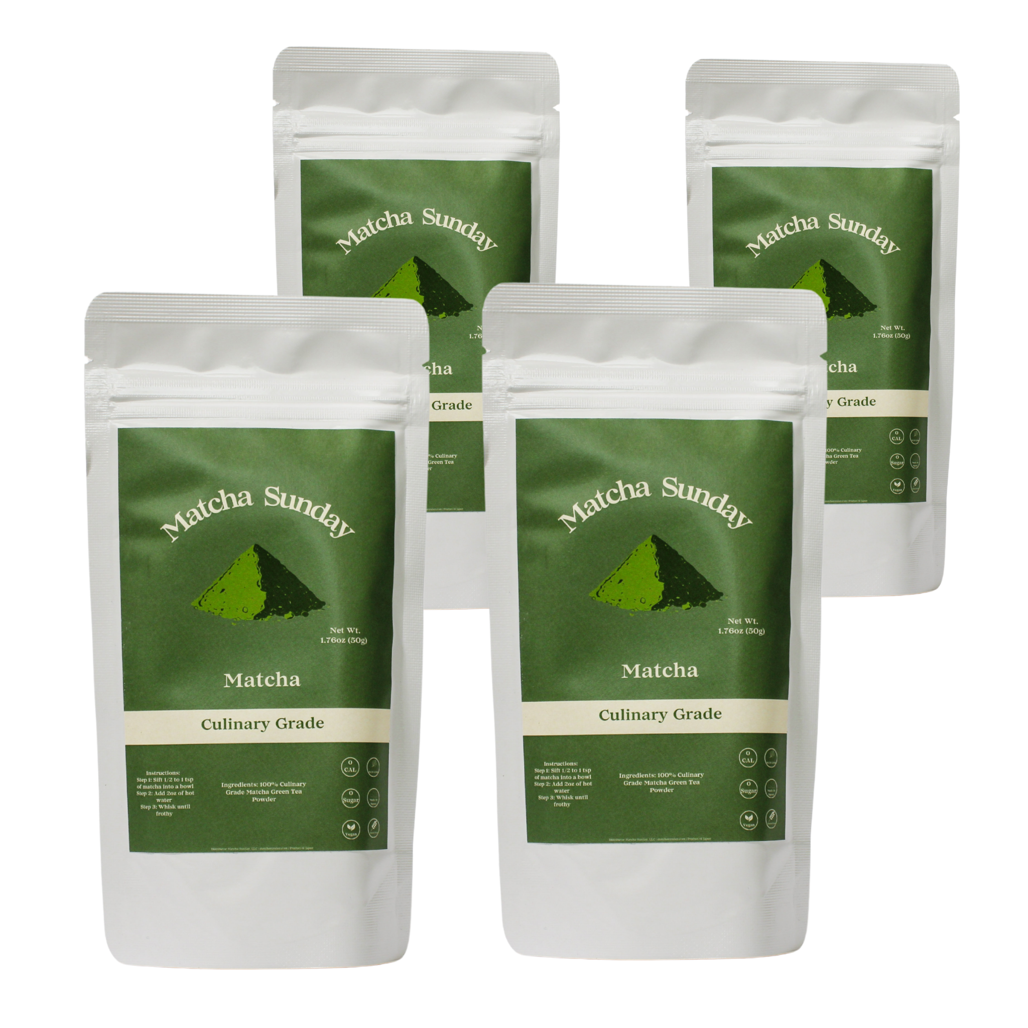 Four Matcha Sunday culinary grade matcha 50g pouches, the four pack