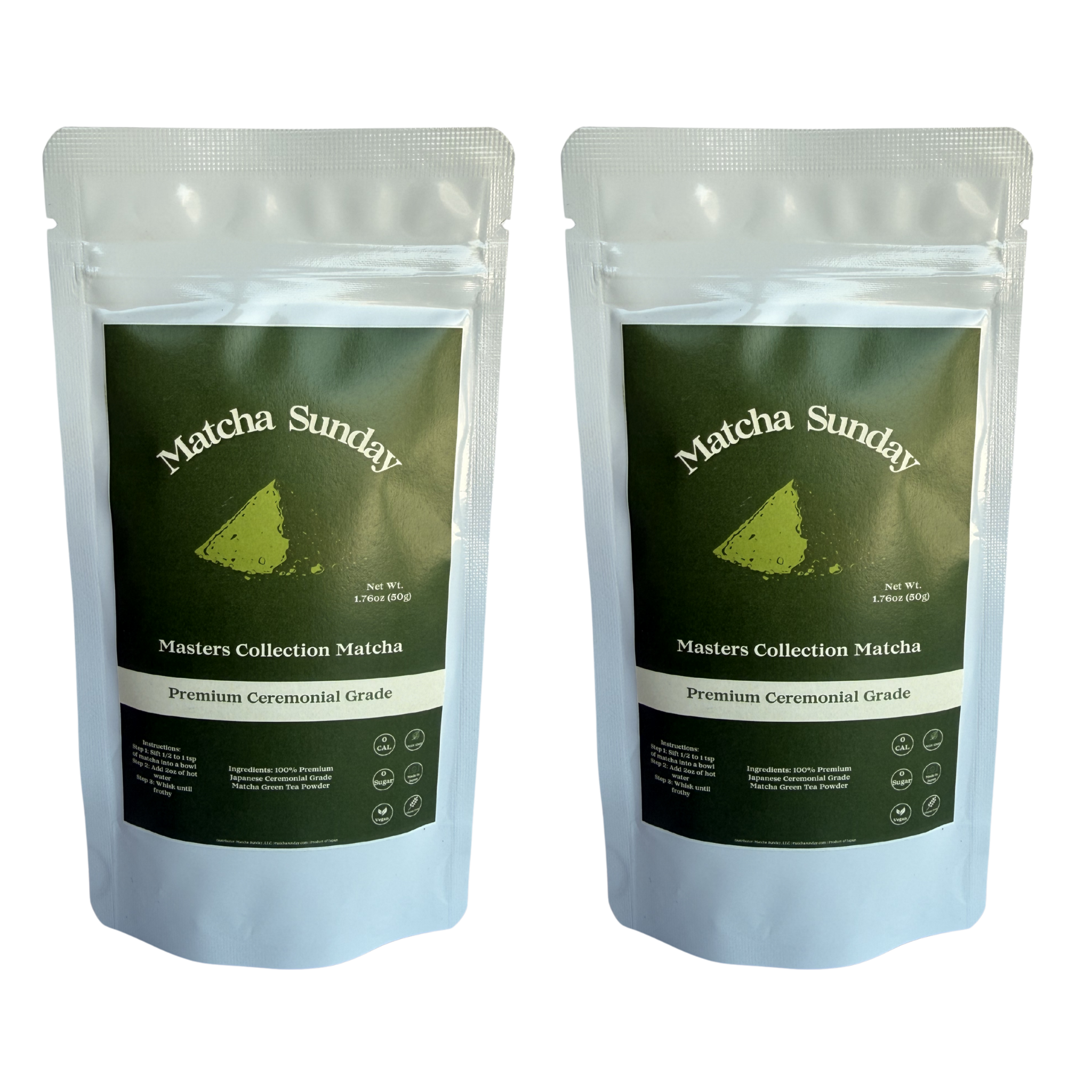 Two Matcha Sunday Masters Collection ceremonial matcha 50g pouches, the two pack