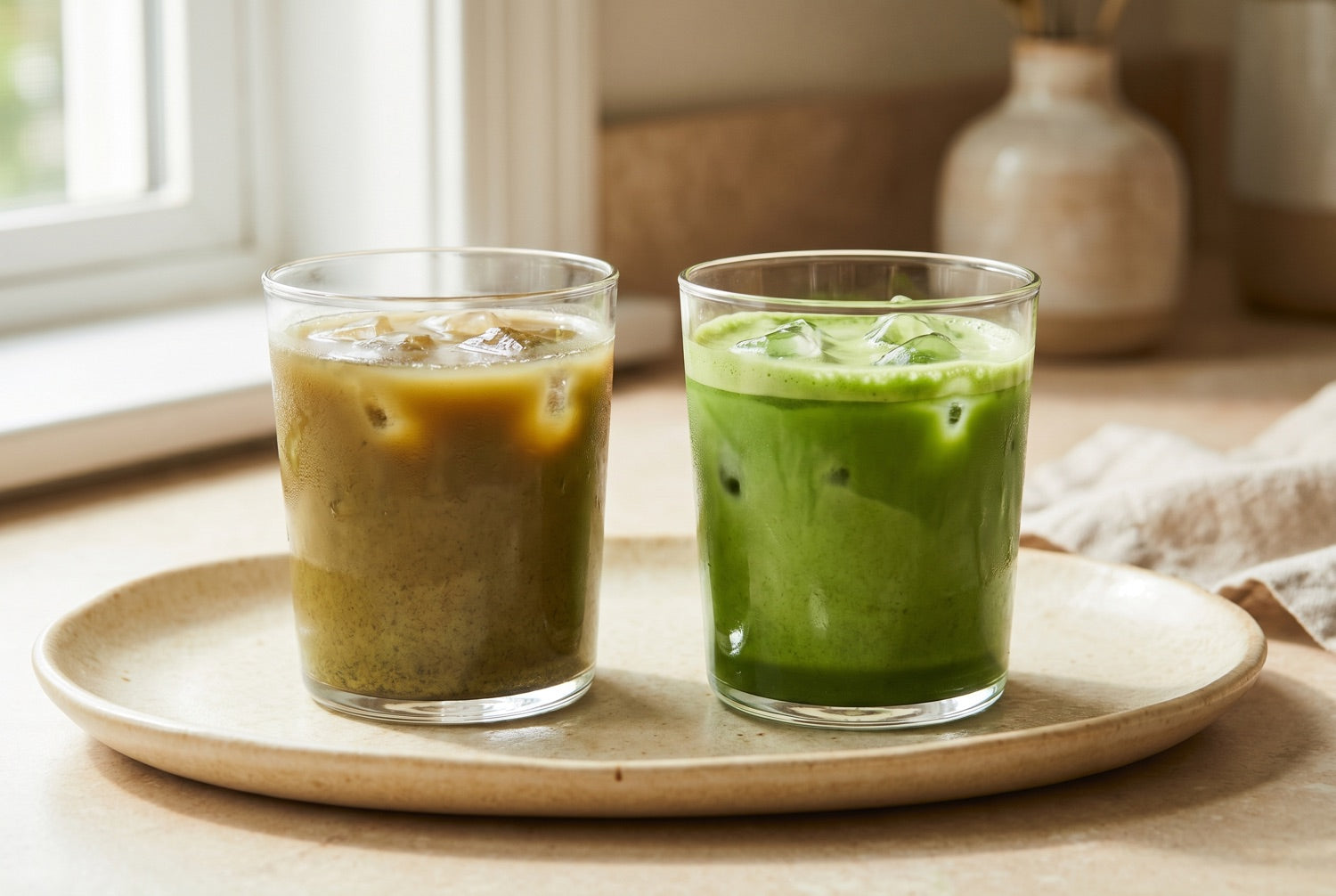 Vivid ceremonial matcha next to dull culinary matcha