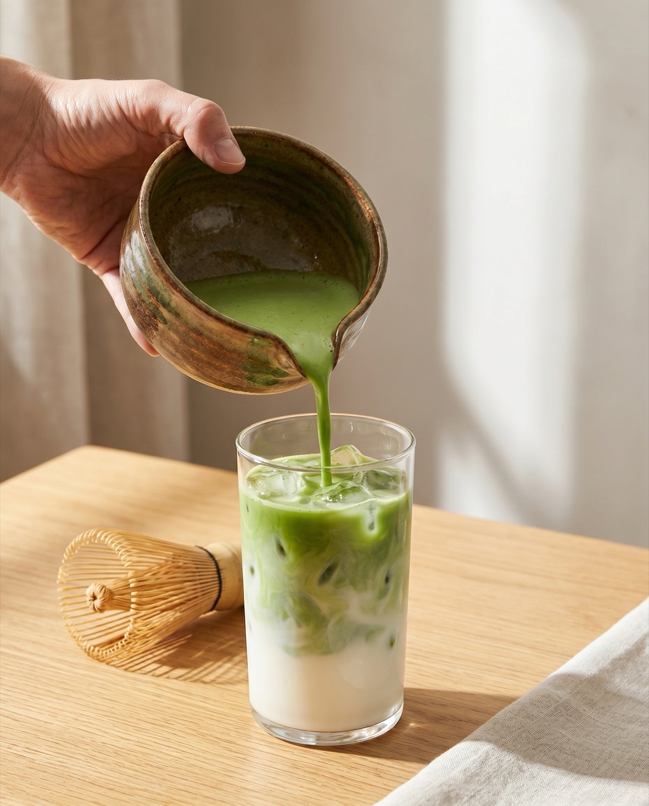 A hand pouring vivid green matcha into a ceramic cup