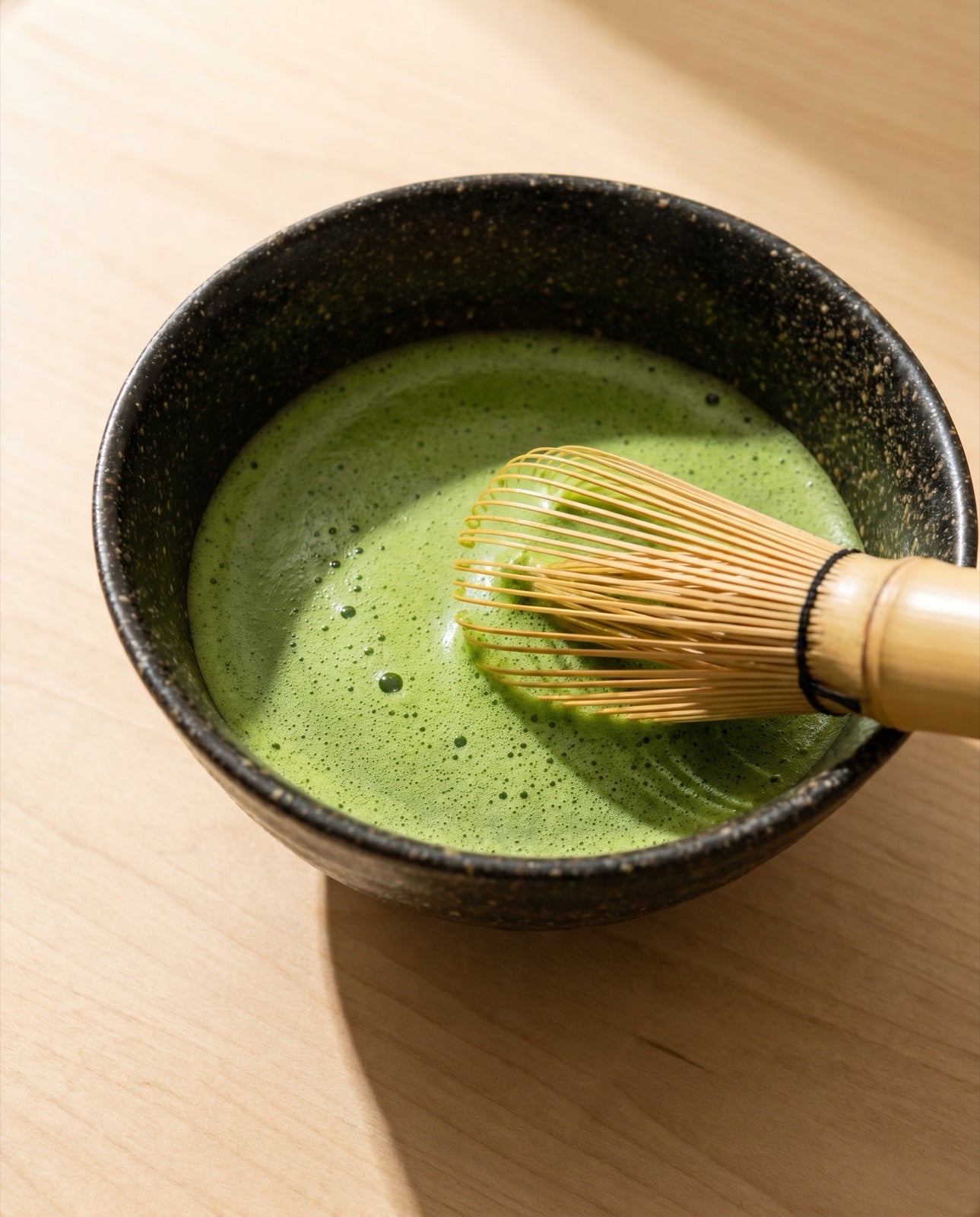 Vivid green matcha freshly whisked in a ceramic bowl