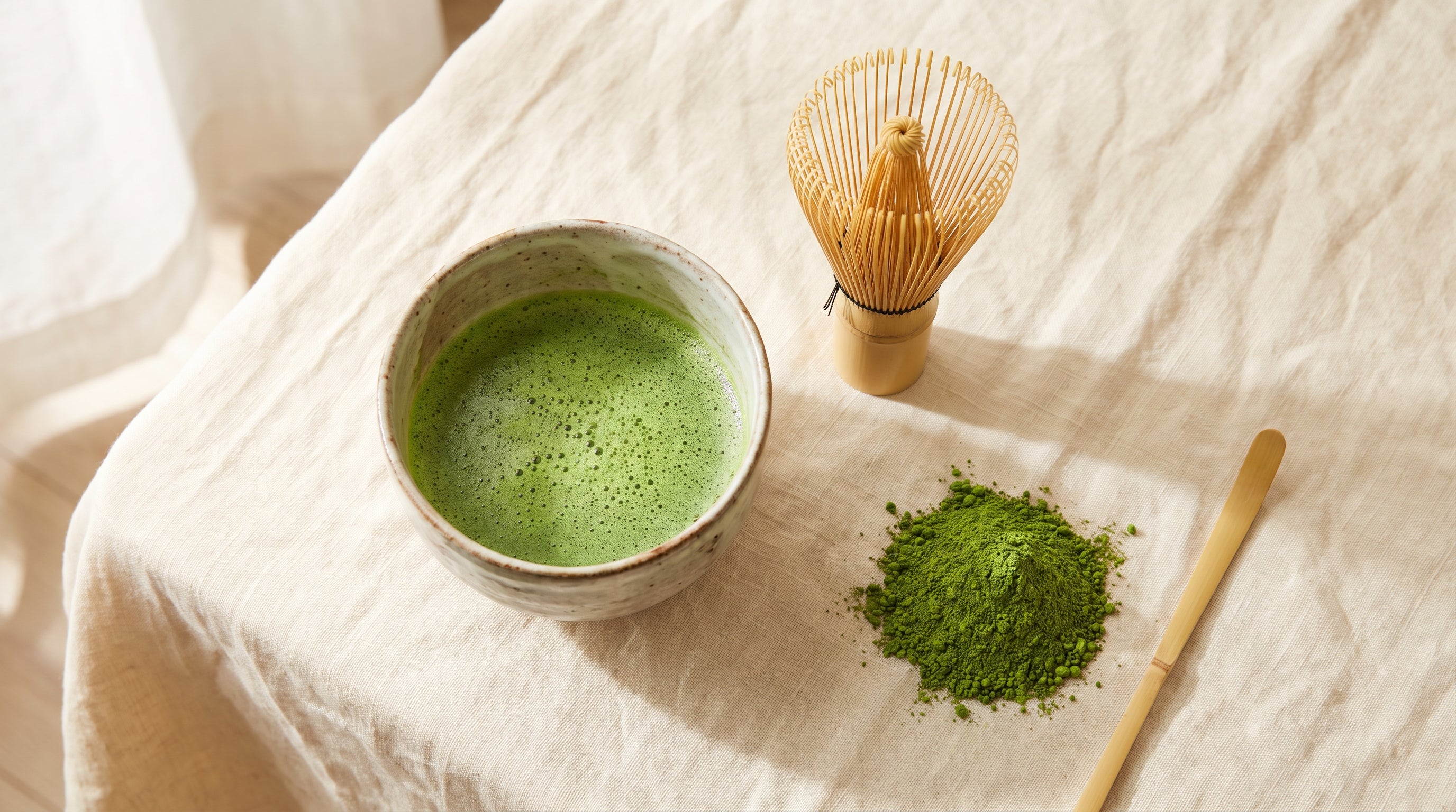 Bowl of vivid jade matcha with a bamboo whisk and a mound of bright green matcha powder from Japan