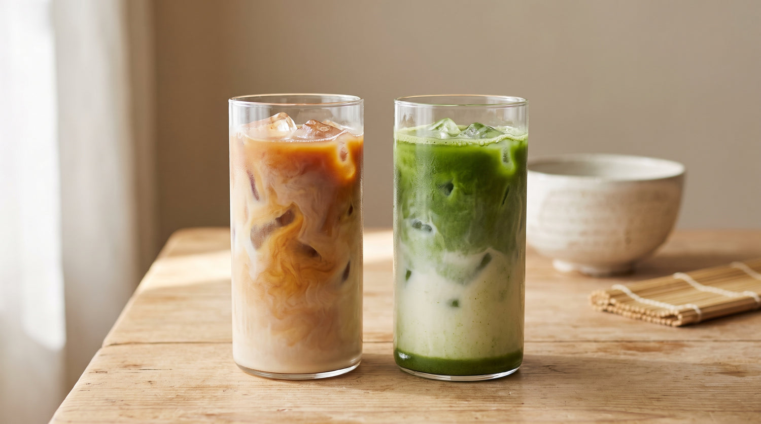Iced hojicha latte with warm tan milk swirls beside a vivid green iced matcha latte, comparing the two Japanese teas