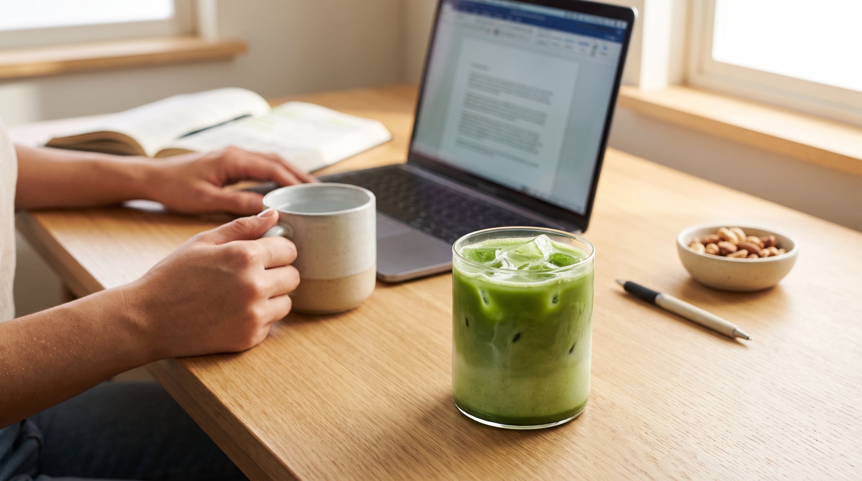 A ceramic bowl of freshly whisked vivid jade green matcha with a bamboo whisk and a small mound of bright green matcha powder, illustrating does matcha help you focus? what the science says about matcha and concentration