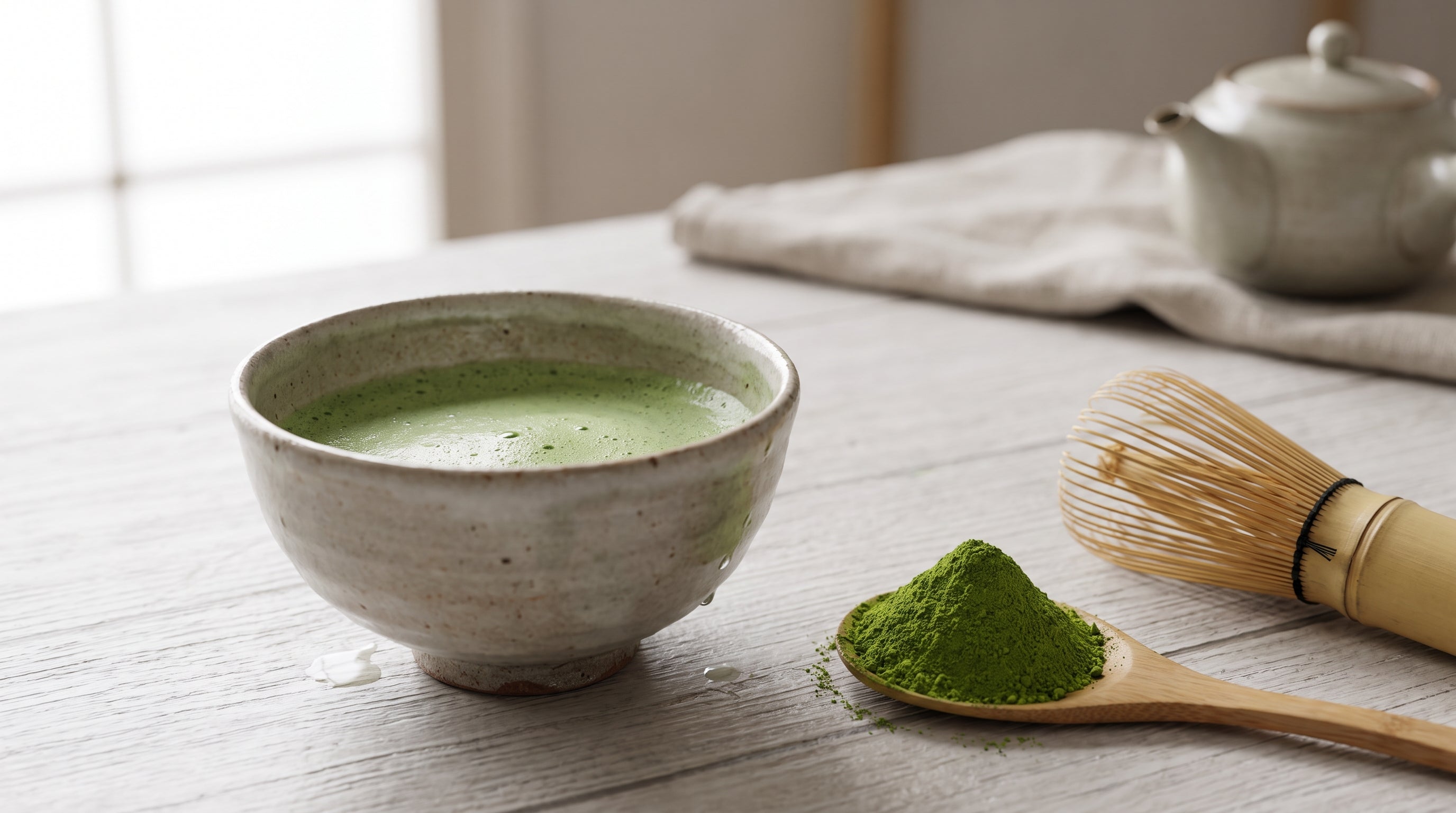 A ceramic bowl of freshly whisked vivid jade green matcha with a bamboo whisk, and a small mound of bright green matcha powder beside it, illustrating how to make cold brew matcha at home