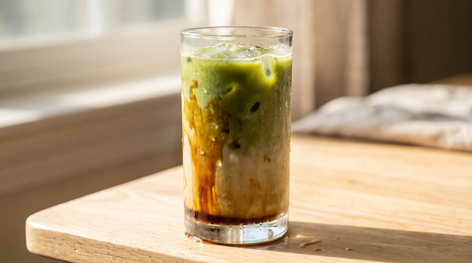 A tall clear glass iced matcha latte, illustrating iced brown sugar oat milk matcha latte: the caramel sweet recipe that rivals any coffee shop