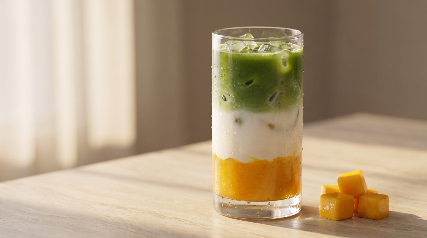 Iced mango matcha latte in a tall clear glass showing layers of golden mango puree, cold milk, and vivid green matcha over ice