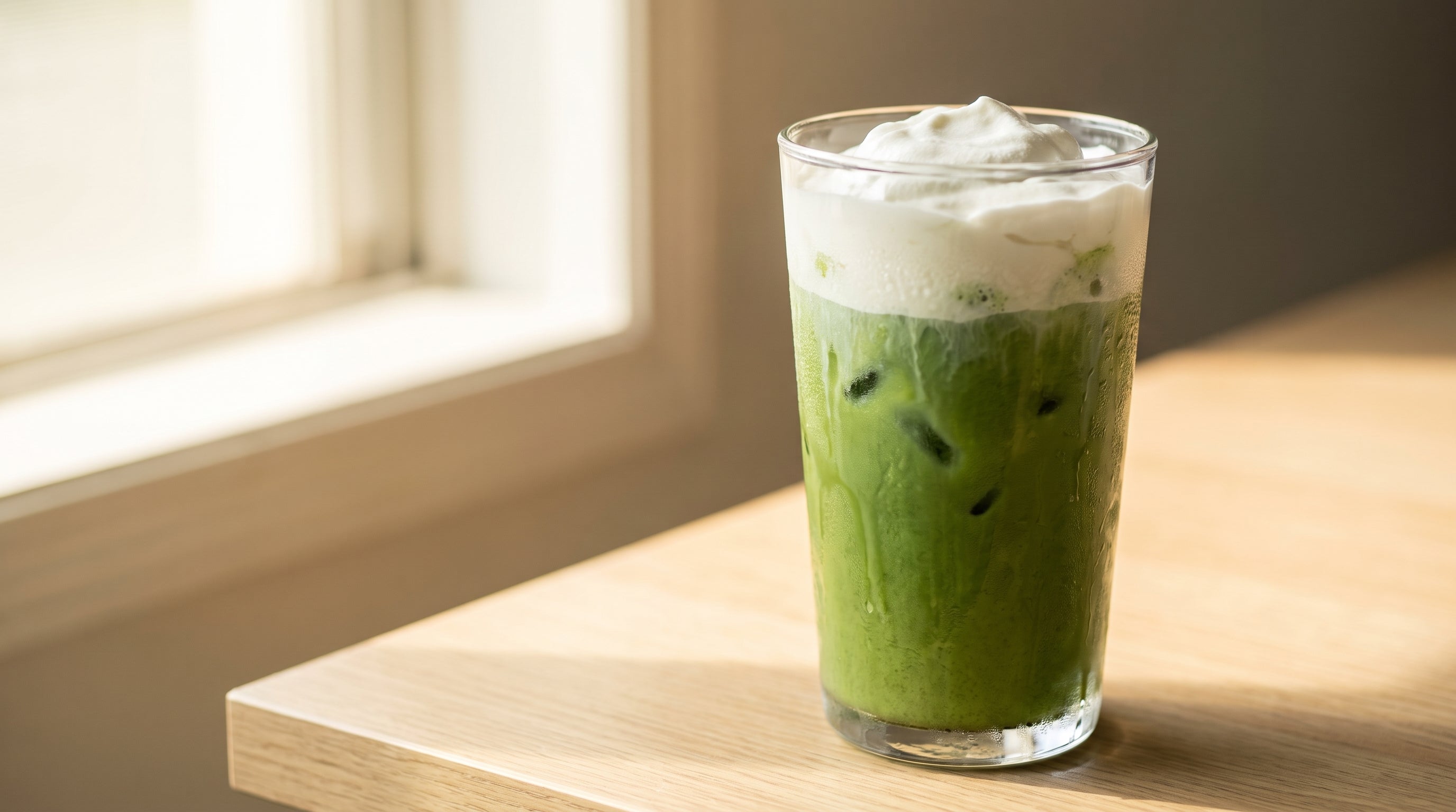 Iced matcha einspanner in a tall clear glass with vivid jade green matcha over ice topped with a thick float of softly whipped cream on a light wood surface