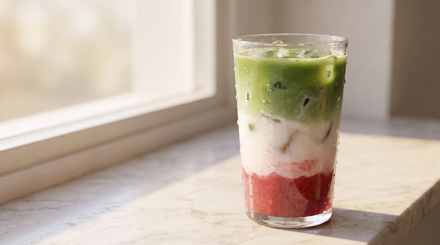 Iced strawberry matcha latte in a tall clear glass showing three distinct layers of pink strawberry puree on the bottom creamy milk in the middle and vivid jade green matcha on top with ice and condensation on a marble surface in natural light