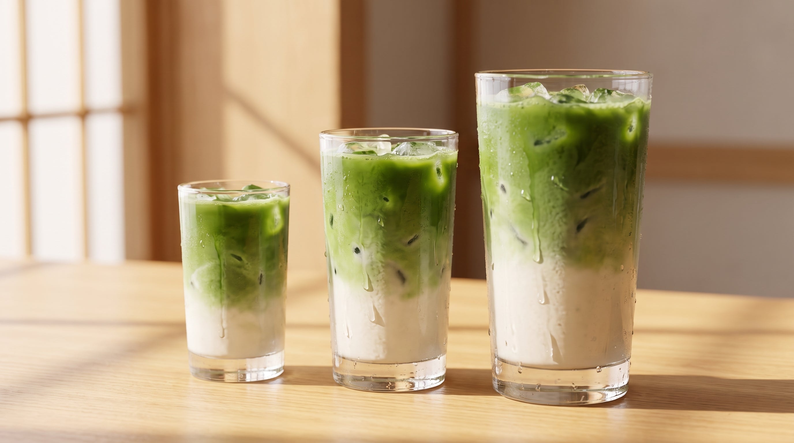Three vivid jade green iced matcha lattes in graduated tall glasses over ice on a warm wood cafe counter showing how much matcha a cafe uses per month at different volumes