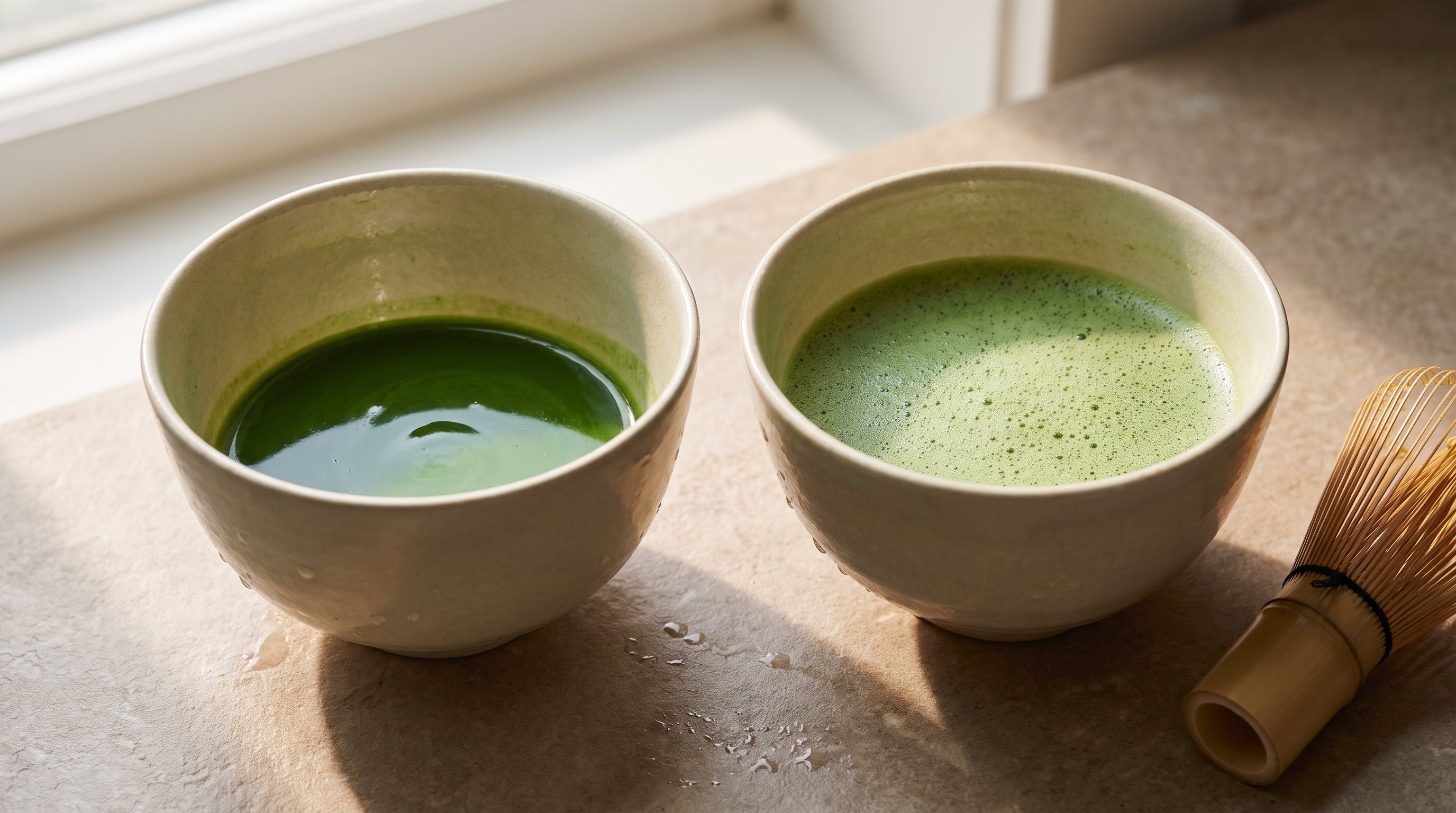 Side by side comparison of thick glossy koicha and frothy whisked usucha matcha in two ceramic bowls showing the koicha vs usucha difference