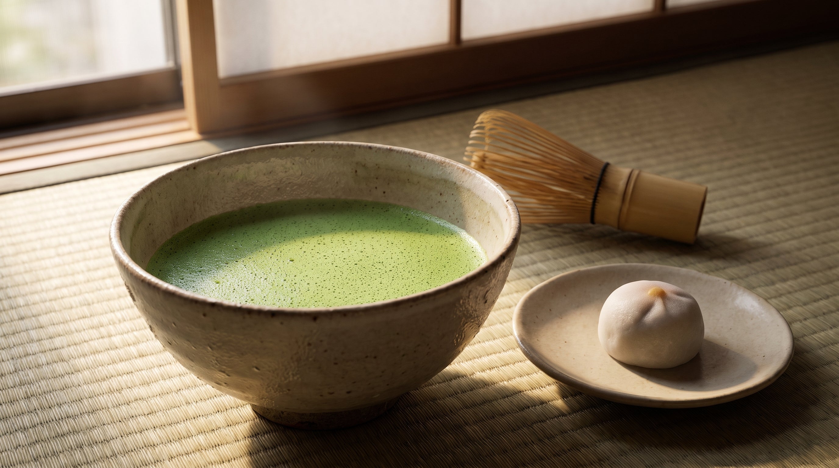 Bowl of vivid green whisked matcha with bamboo whisk and traditional sweet served at a Japanese tea ceremony