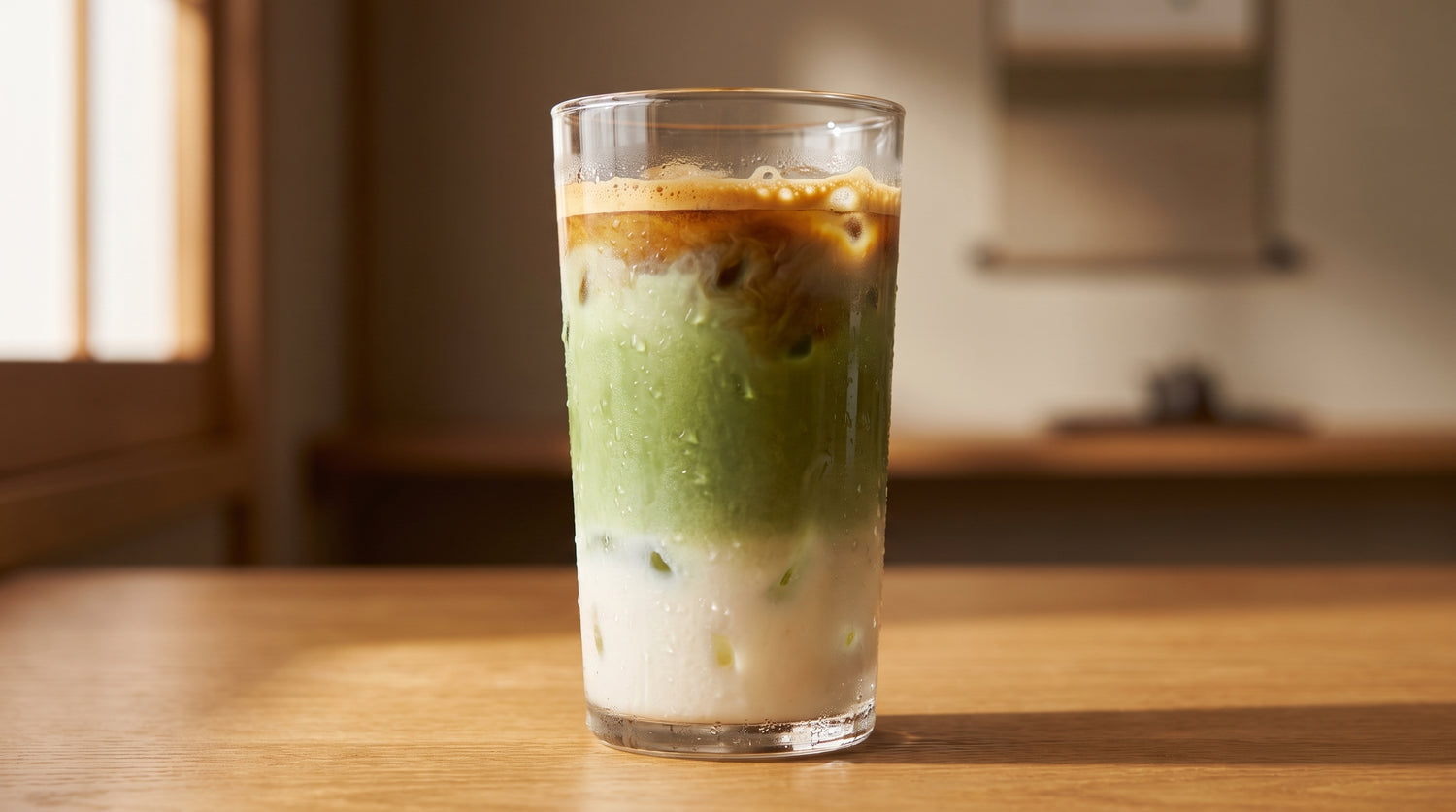 Iced dirty matcha latte in a tall glass with espresso marbling into a vivid green matcha layer over milk and ice
