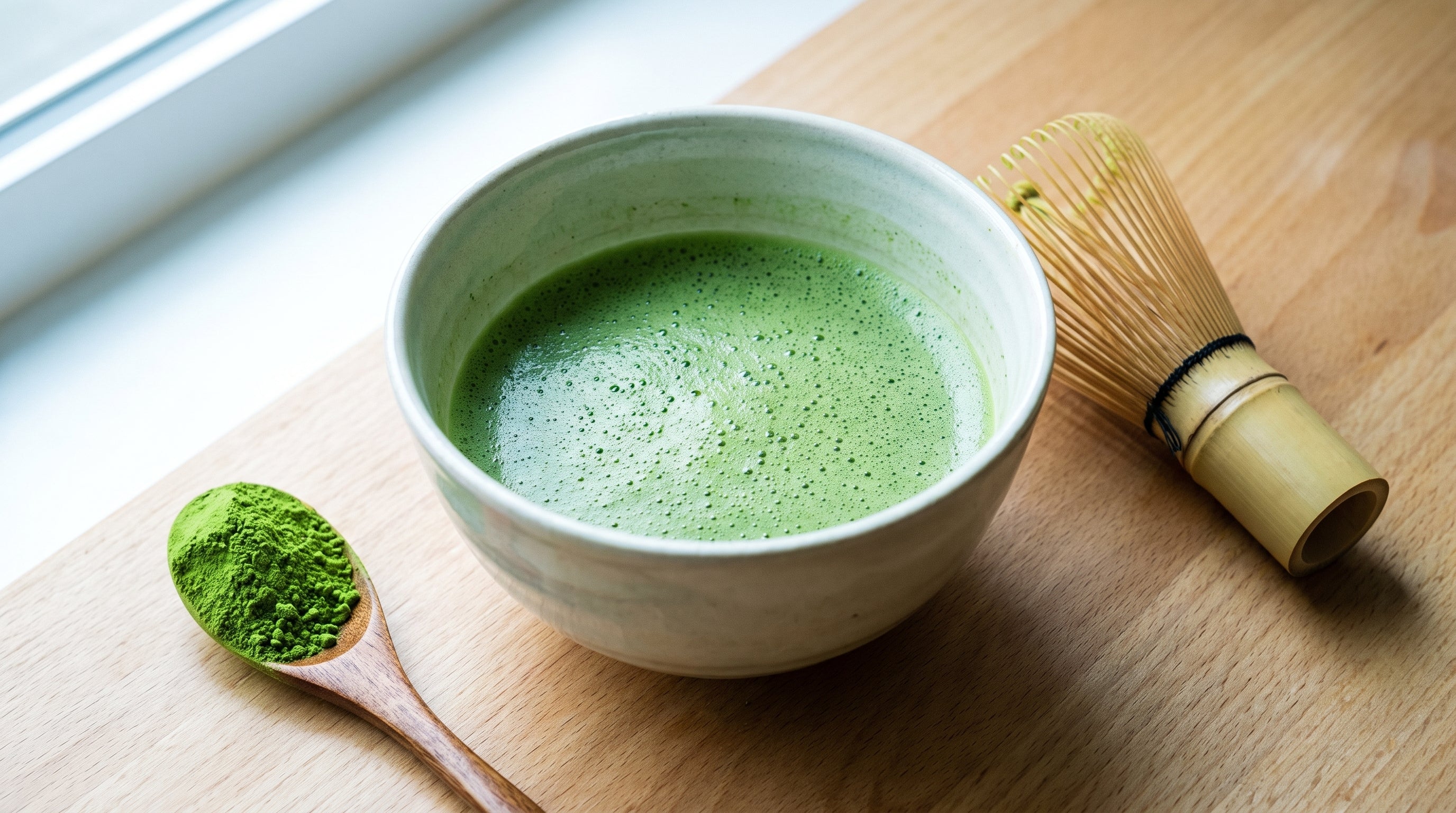 Freshly whisked bowl of vivid green first harvest matcha with bamboo whisk showing the color of spring matcha harvest season