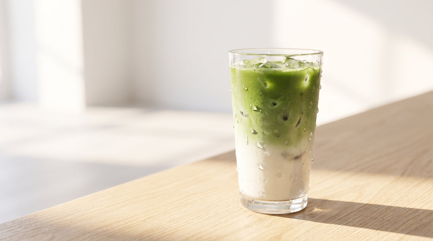 Iced matcha latte in a tall clear glass with vivid jade green matcha layered over milk and ice showing why matcha is so popular as the defining drink trend of the decade