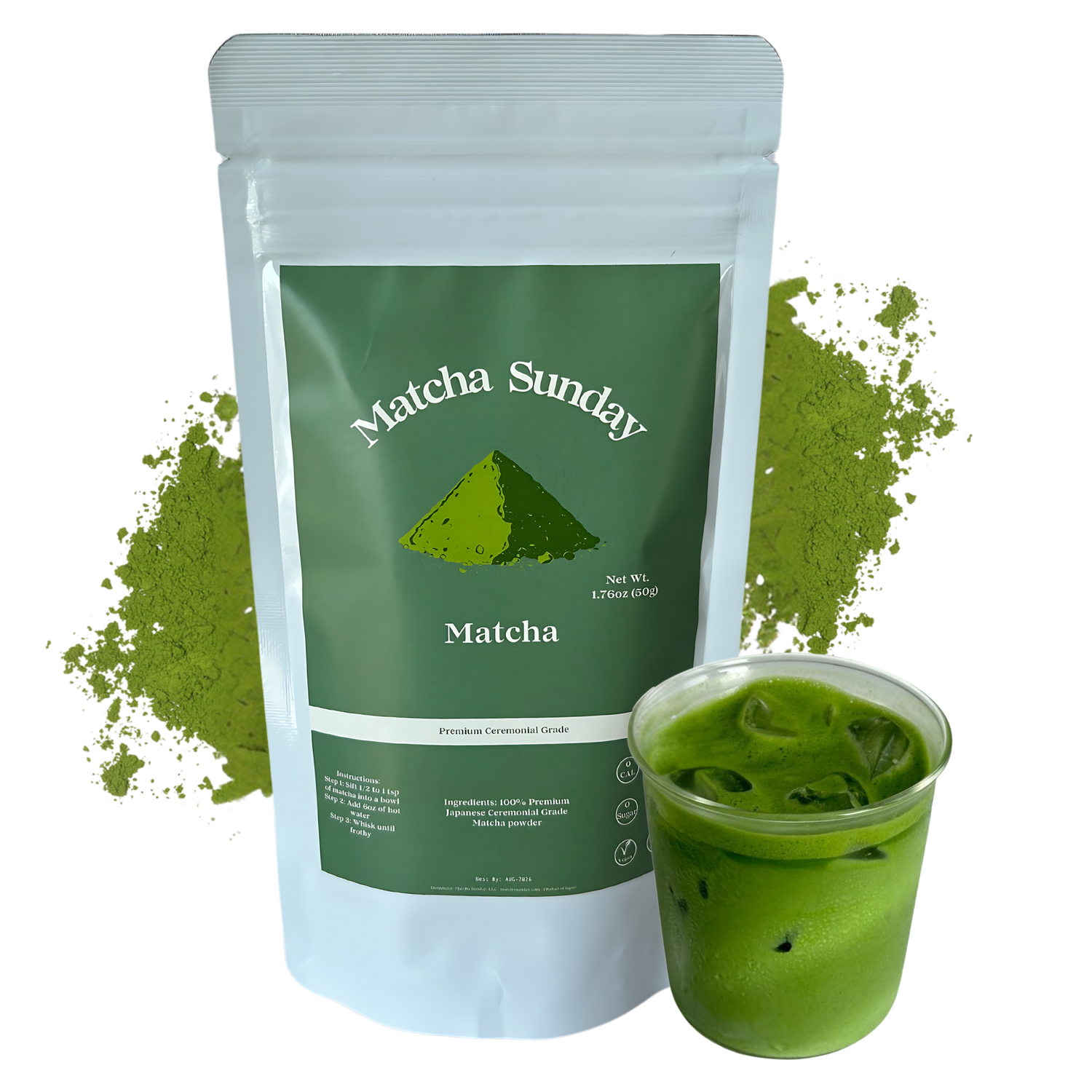 Matcha Sunday ceremonial grade matcha 50g pouch with a glass of iced matcha latte and a green powder splash