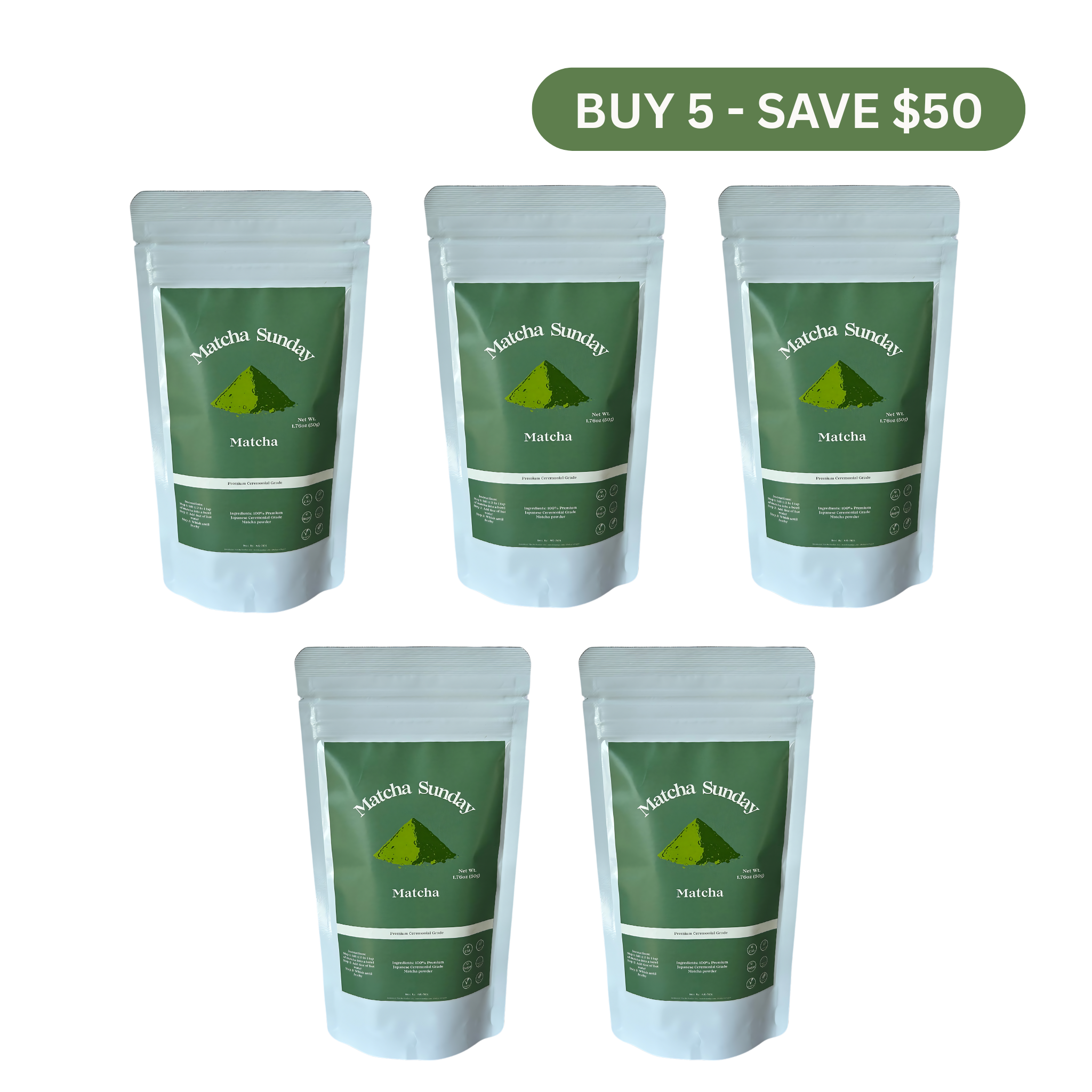 Five Matcha Sunday ceremonial matcha 50g pouches, the five pack