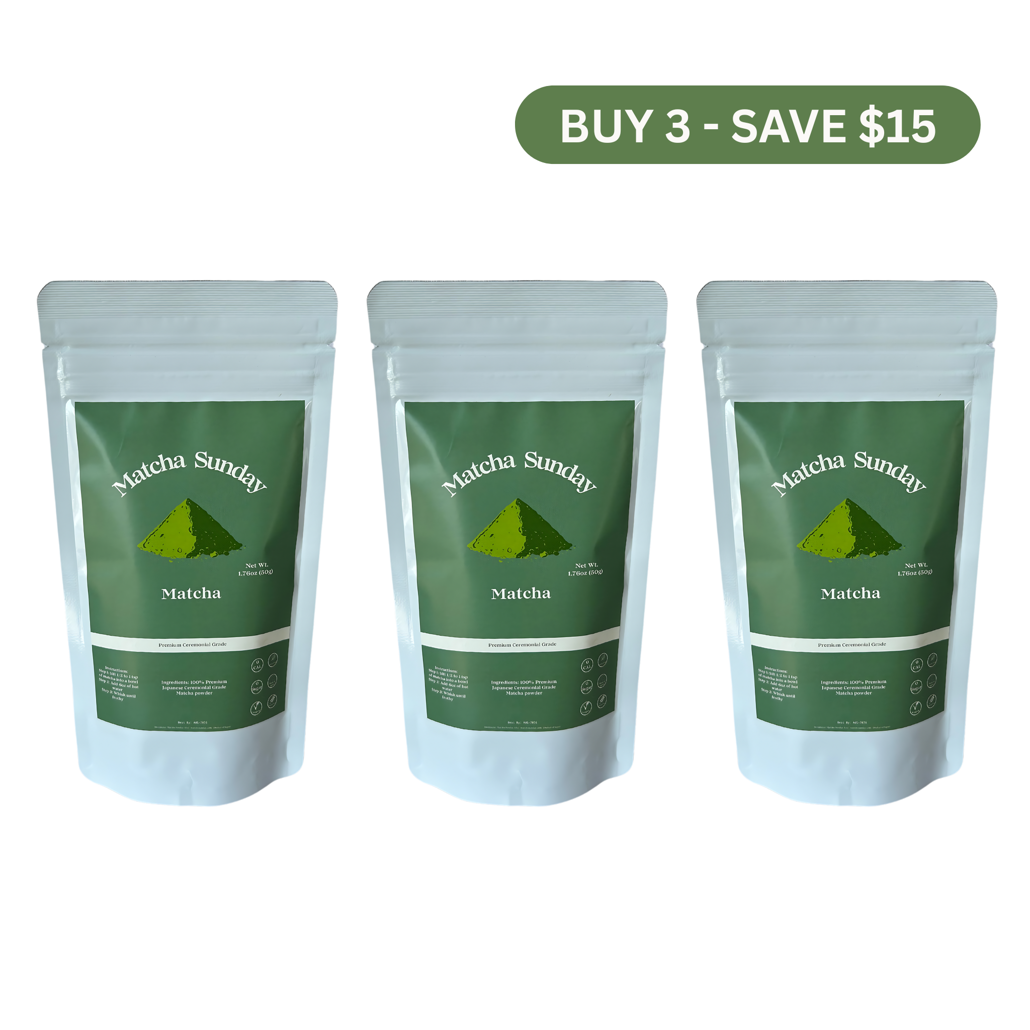 Three Matcha Sunday ceremonial matcha 50g pouches, the three pack