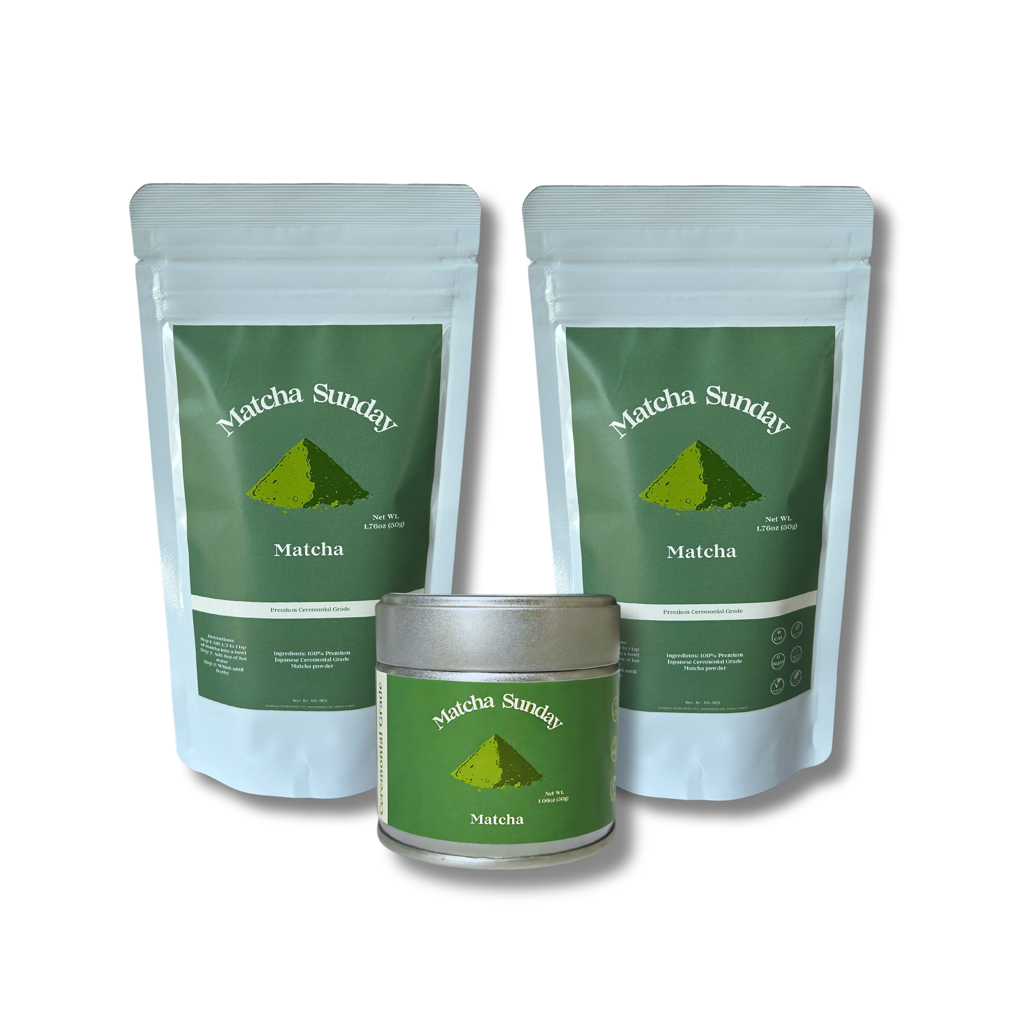 Matcha Sunday ceremonial matcha bundle with two 50g pouches and a 30g tin