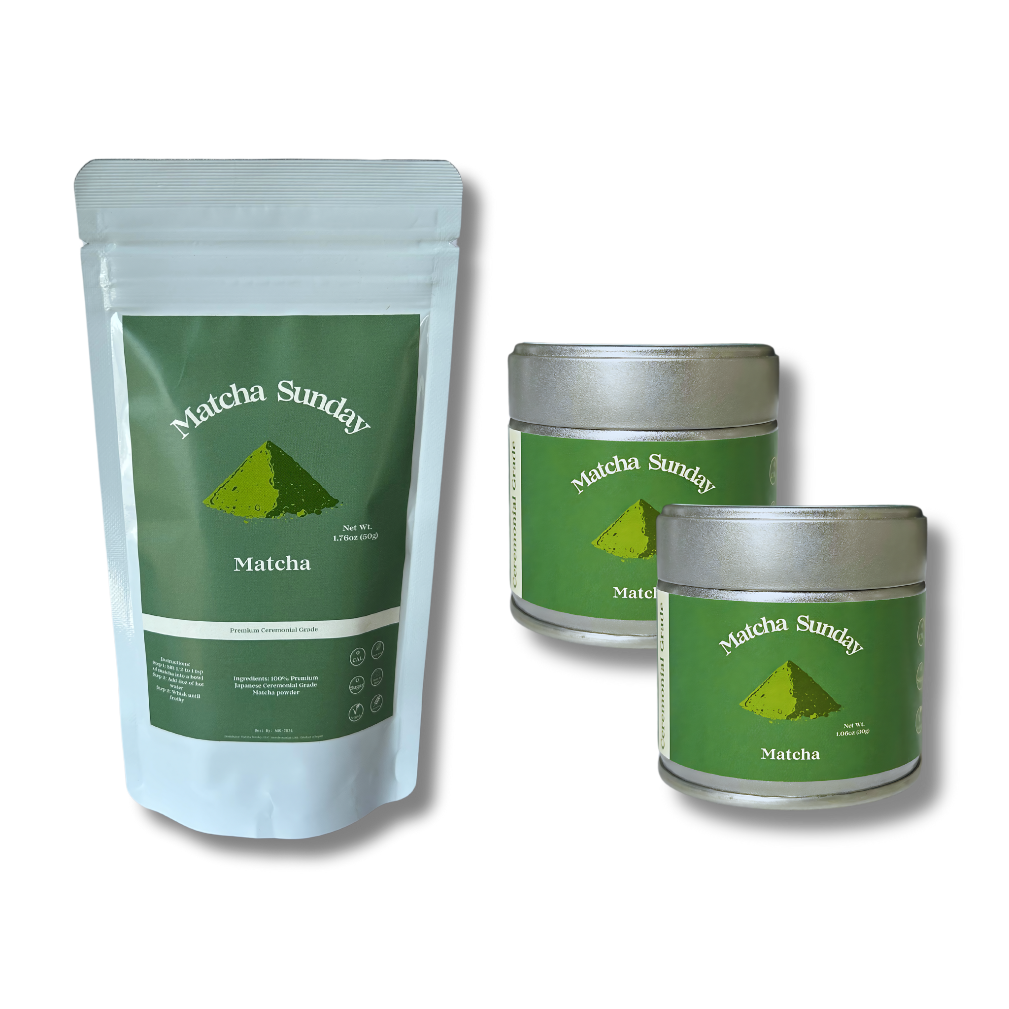 Matcha Sunday ceremonial matcha bundle with a 50g pouch and two 30g tins