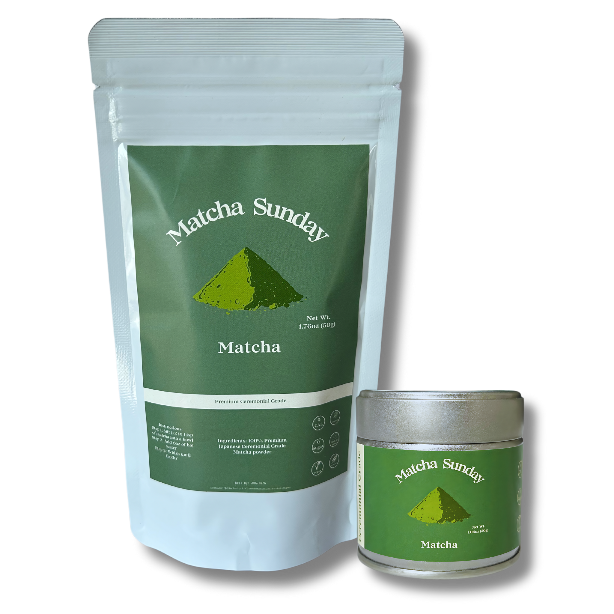 Matcha Sunday ceremonial matcha bundle with a 50g pouch and a 30g tin