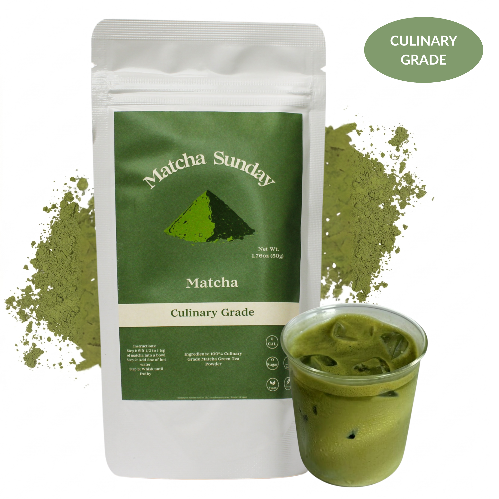 Matcha Sunday culinary grade matcha 50g pouch with a glass of iced matcha latte and a green powder splash