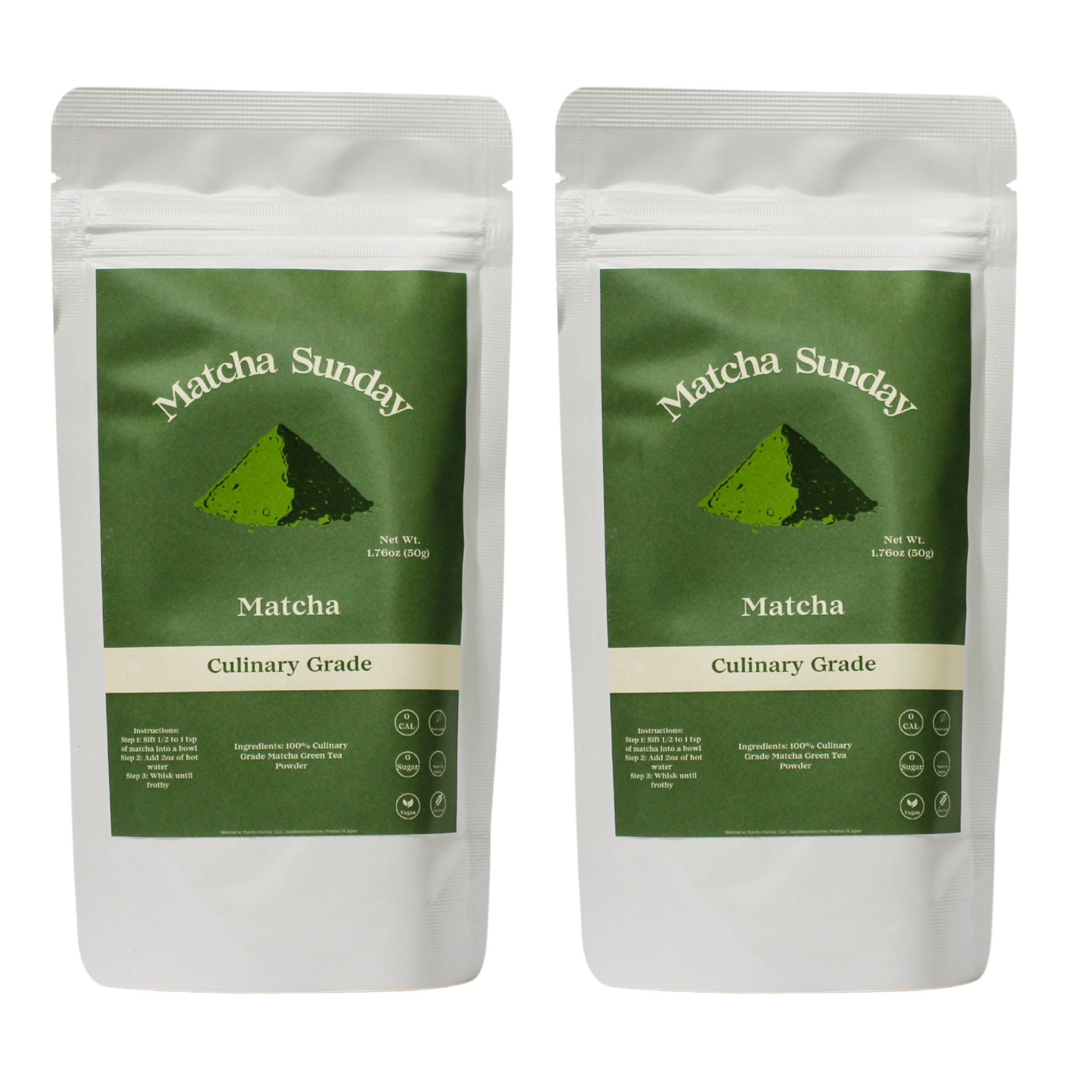 Two Matcha Sunday culinary grade matcha 50g pouches, the two pack