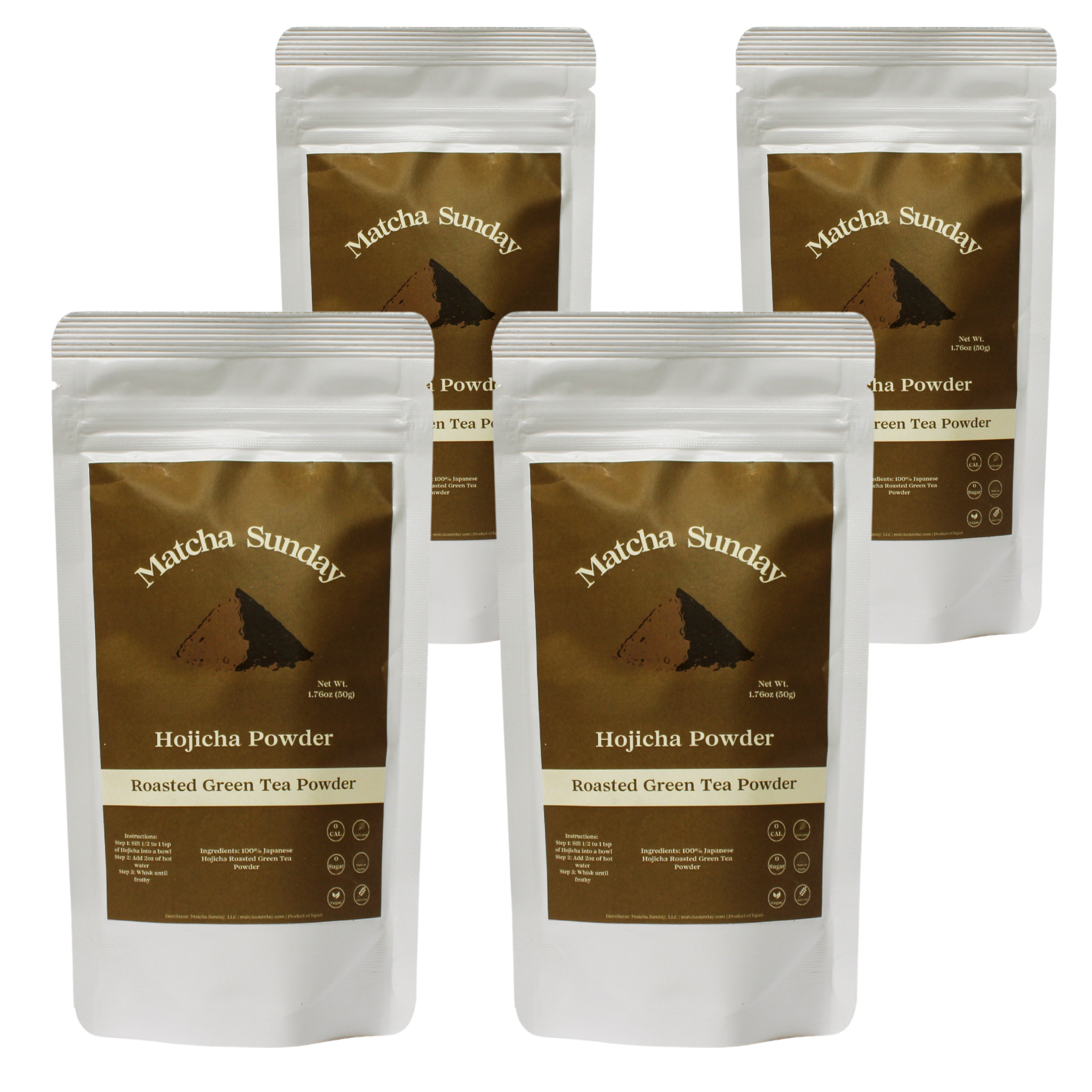 Four Matcha Sunday hojicha roasted green tea powder 50g pouches, the four pack