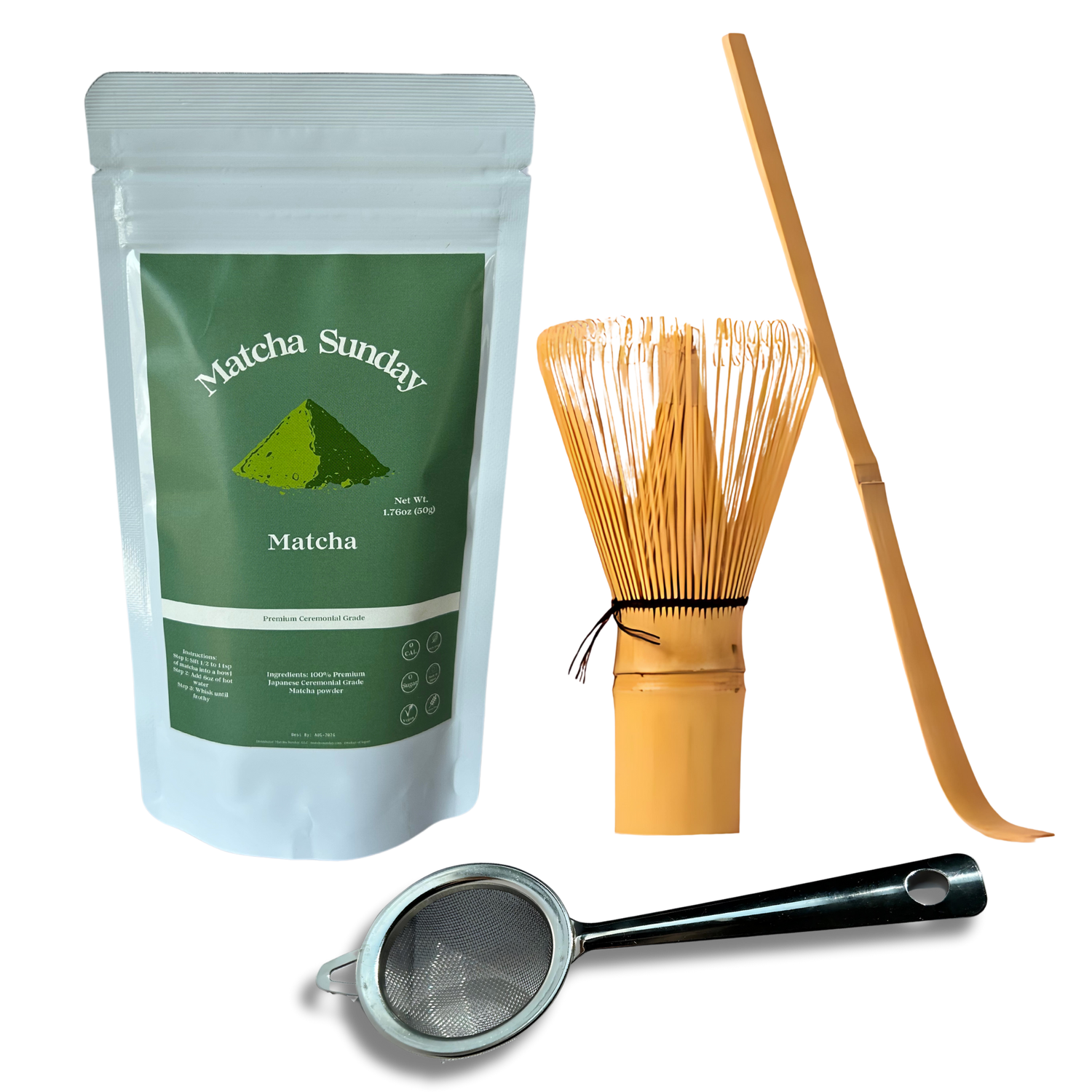 Matcha Sunday starter set with a matcha pouch, bamboo whisk, bamboo scoop, and stainless sifter