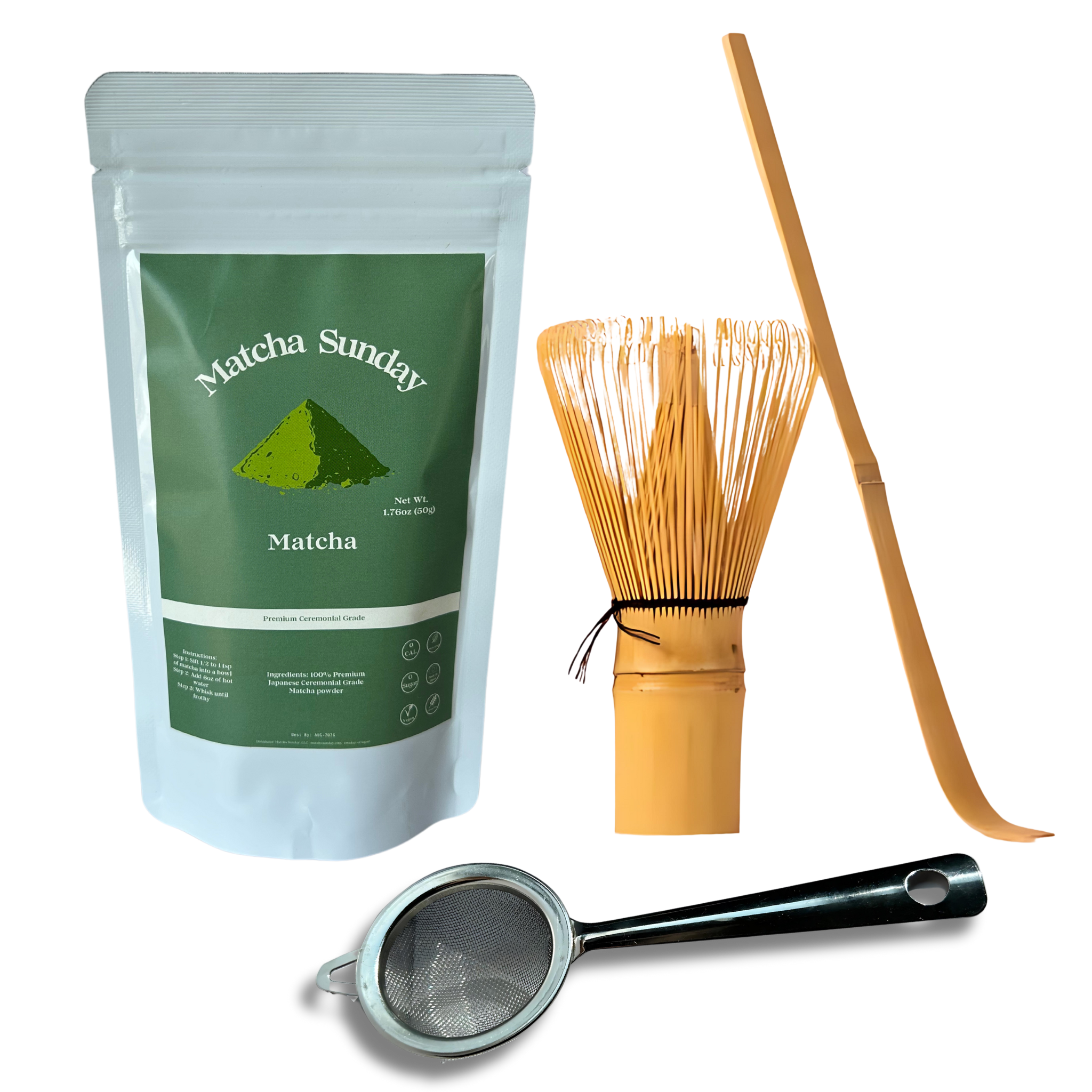 Matcha Sunday starter set with a matcha pouch, bamboo whisk, bamboo scoop, and stainless sifter