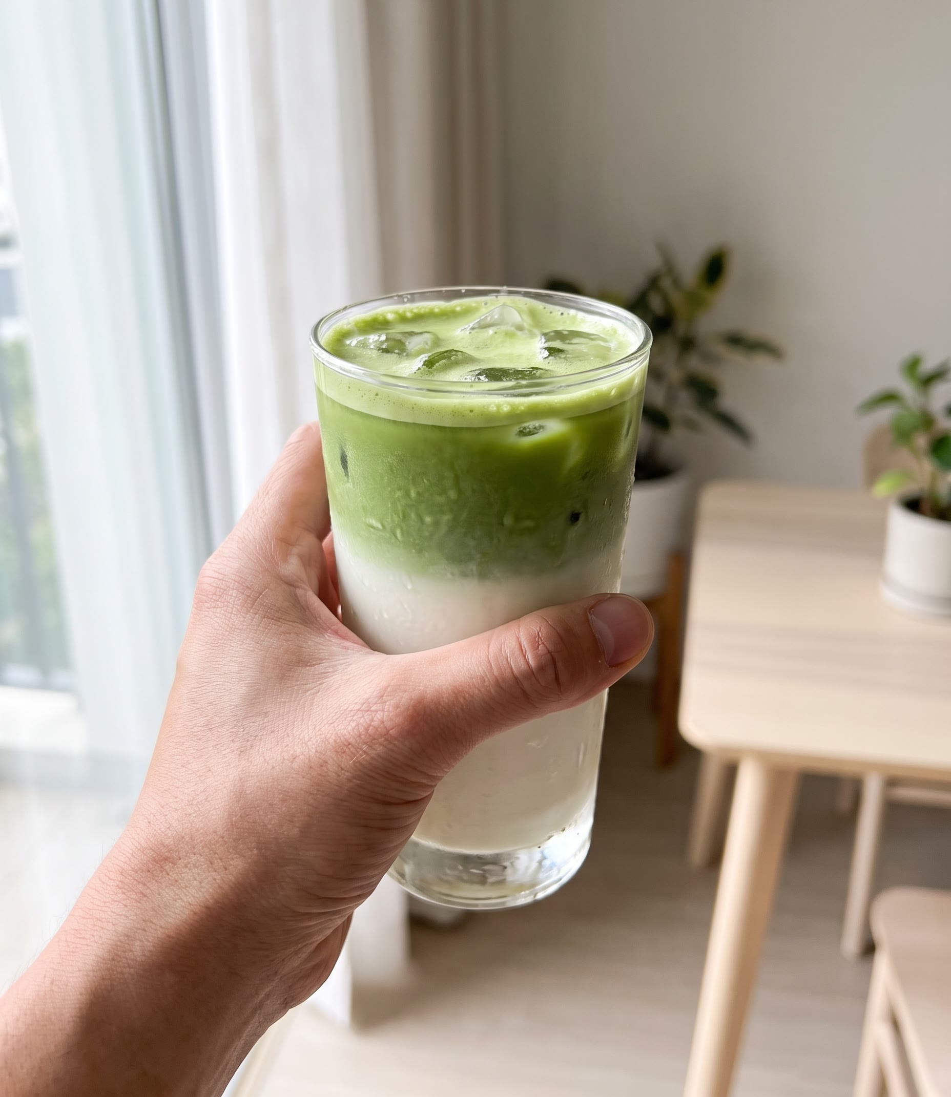 Holding a vivid iced matcha latte at home by the window