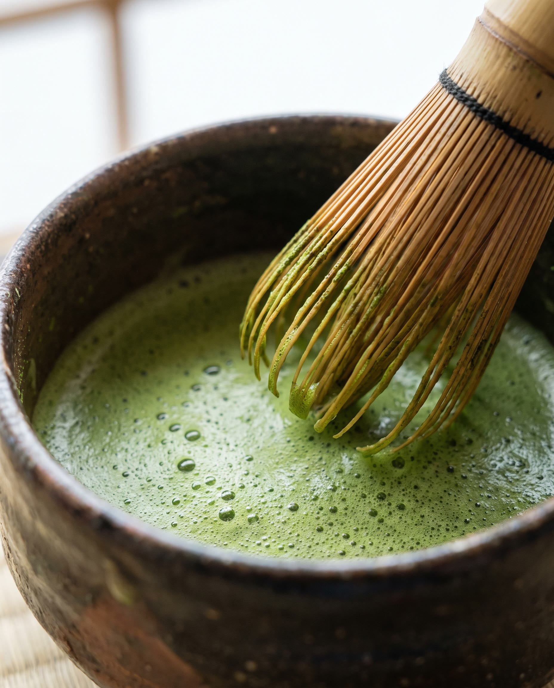 Vivid green matcha whisked smooth in a ceramic bowl